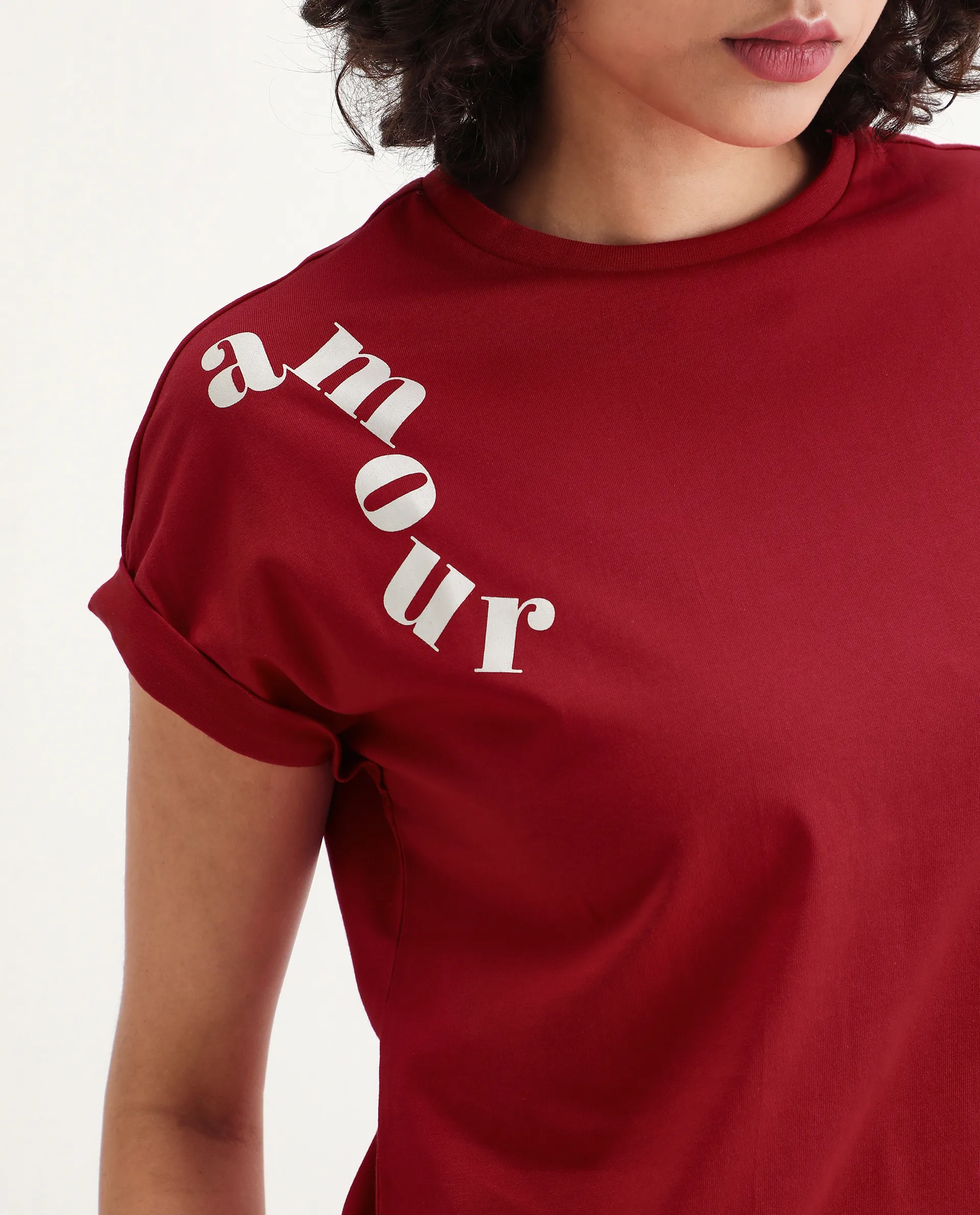 Rareism Women's Somvet Red Cotton Crew Neck Graphic Print Extended Sleeves Regular Fit T-Shirt - Image 6