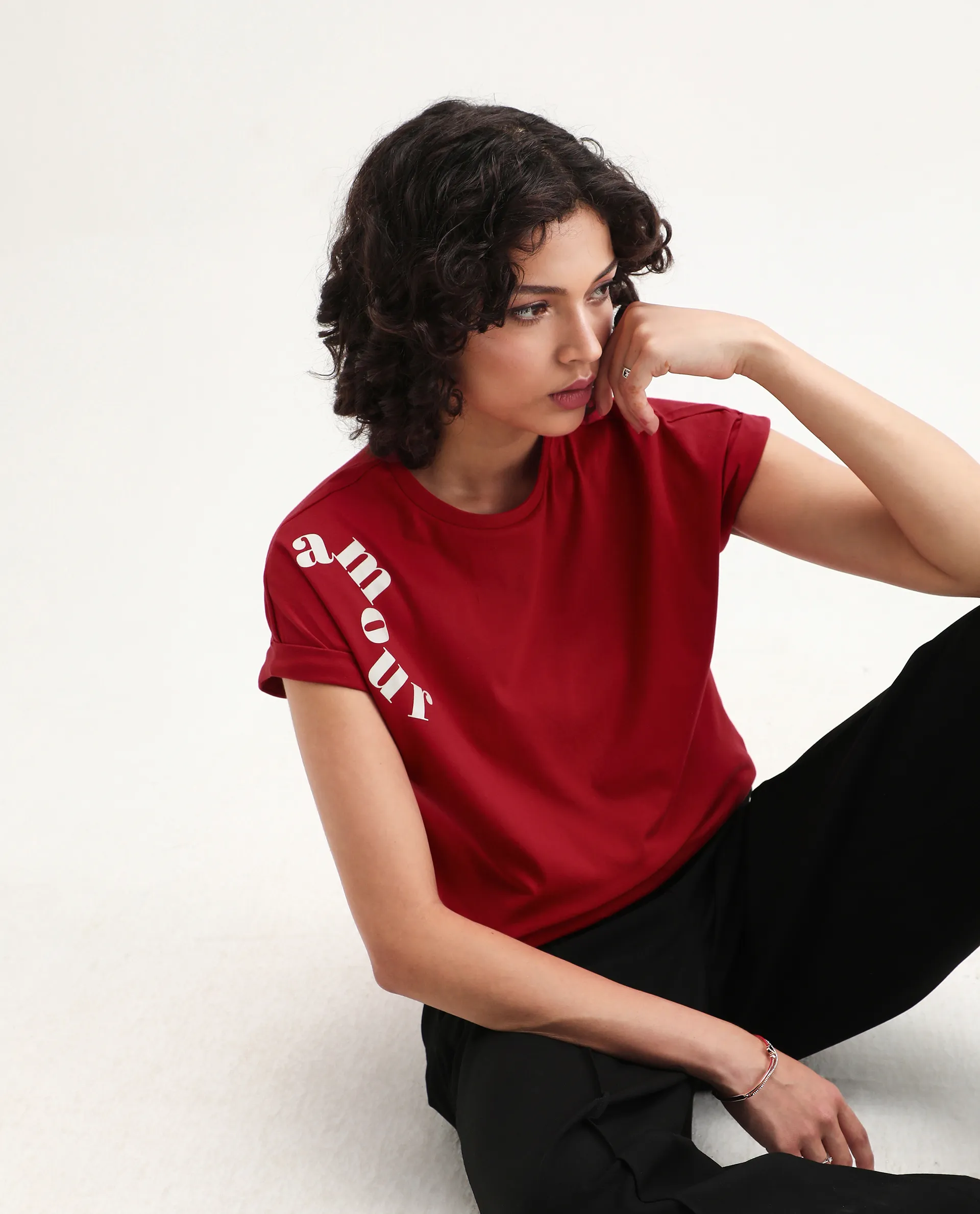 Rareism Women's Somvet Red Cotton Crew Neck Graphic Print Extended Sleeves Regular Fit T-Shirt - Image 7