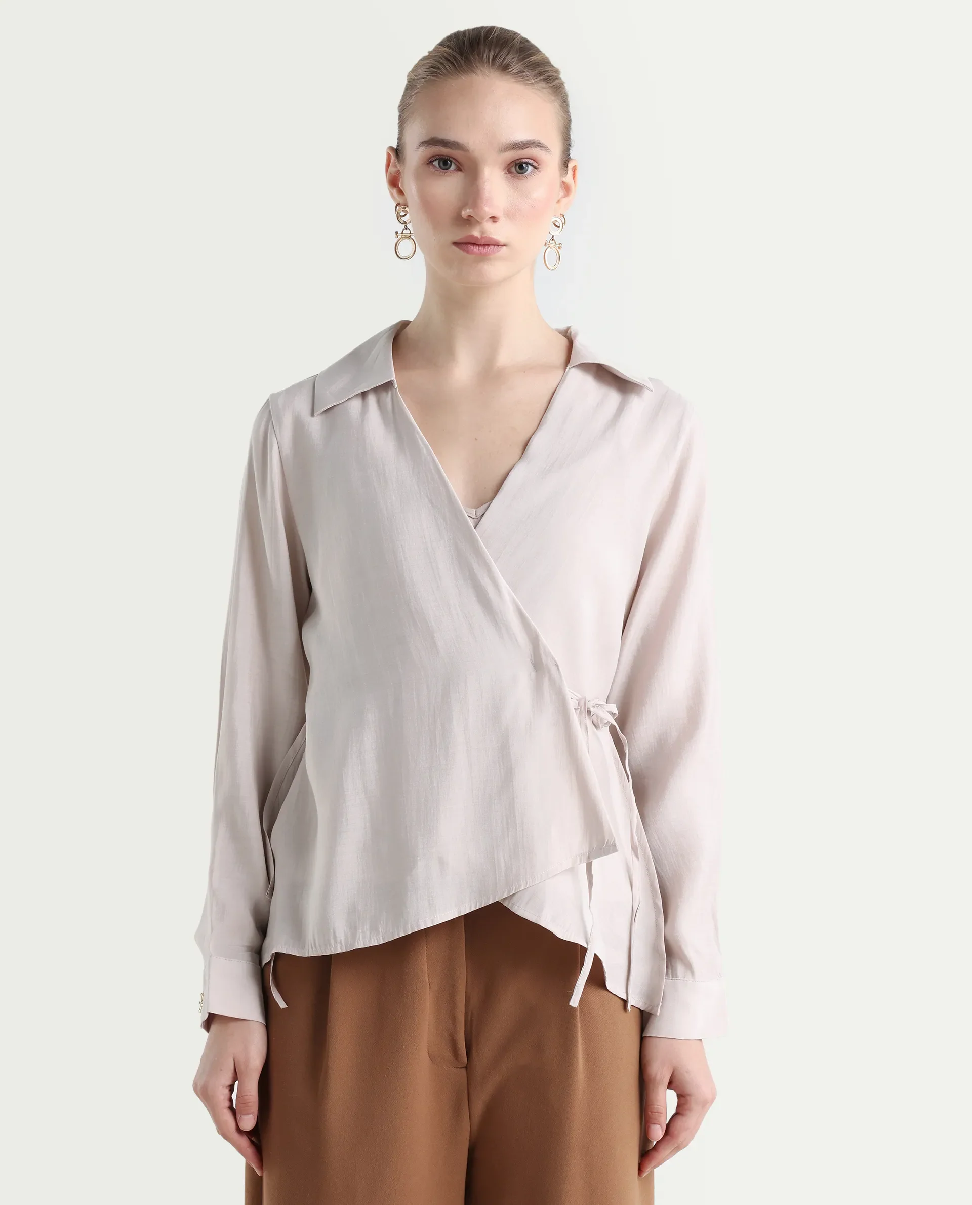 Rareism Women's Somvi Beige Viscose Blend Johnny Collar Plain Relaxed Fit Top - Image 3
