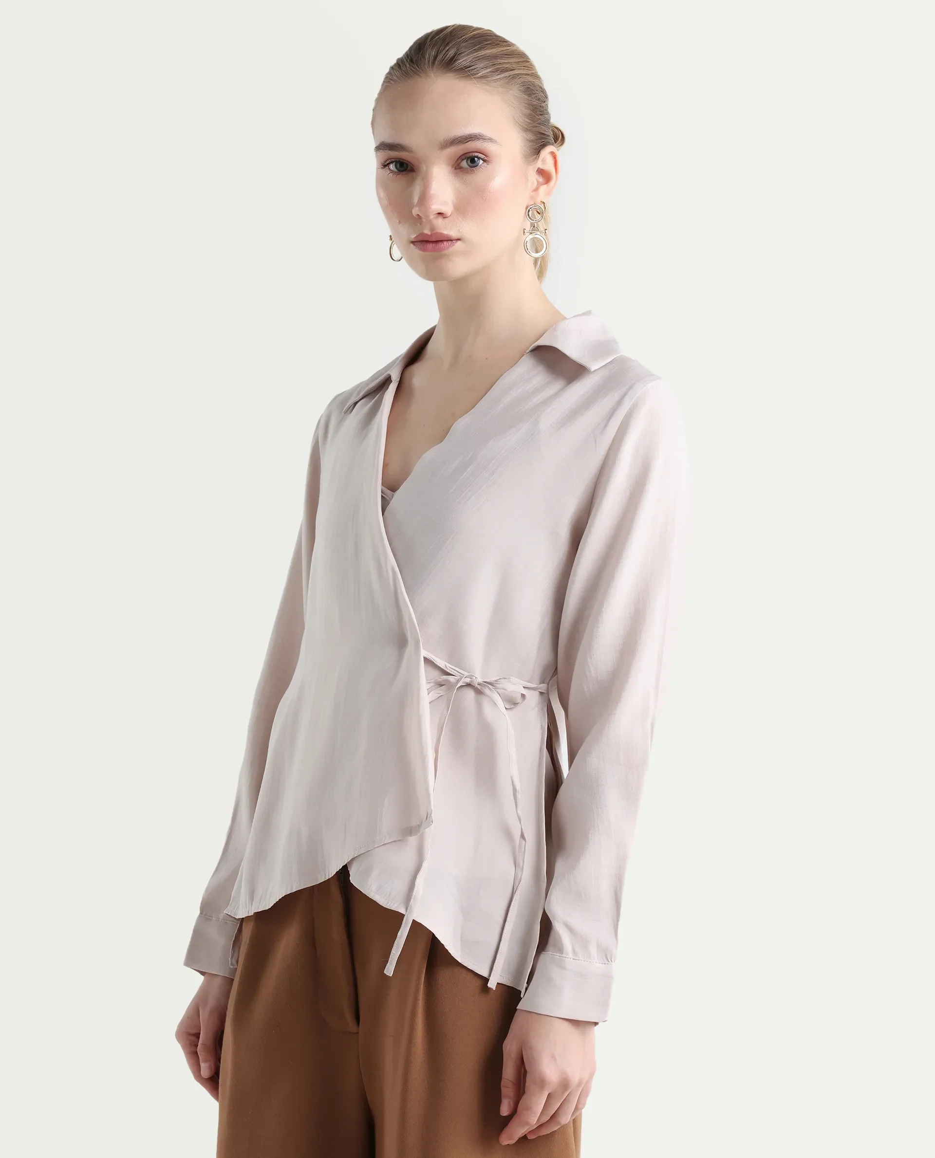Rareism Women's Somvi Beige Viscose Blend Johnny Collar Plain Relaxed Fit Top - Image 5