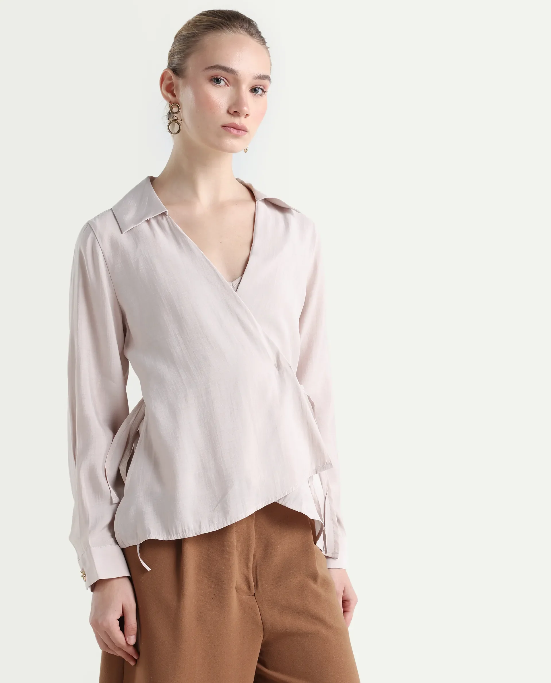 Rareism Women's Somvi Beige Viscose Blend Johnny Collar Plain Relaxed Fit Top - Image 6