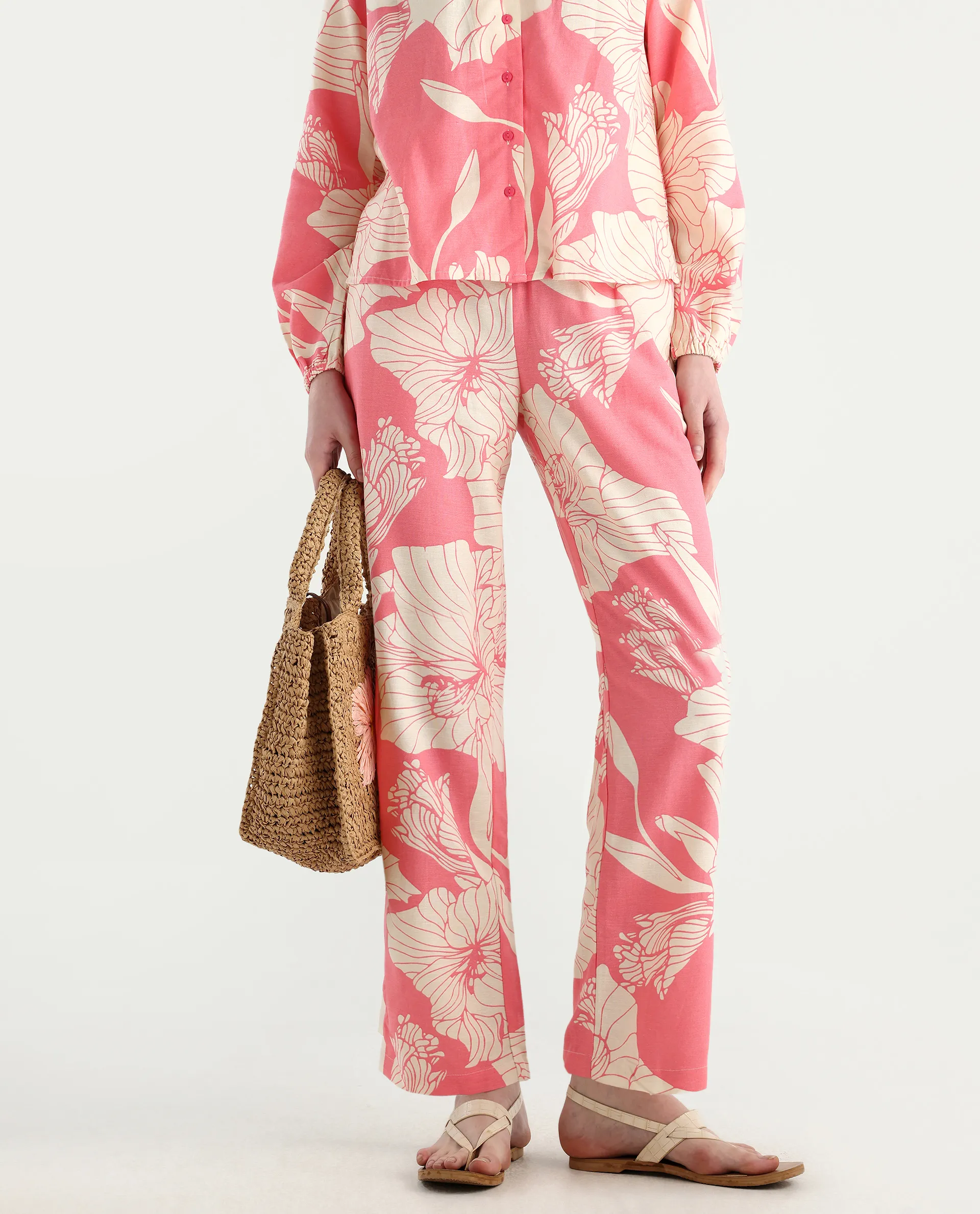 Rareism Women's Somyan B Pink Rayon Blend Floral Print Ankle Length Straight Fit Trouser - Image 3