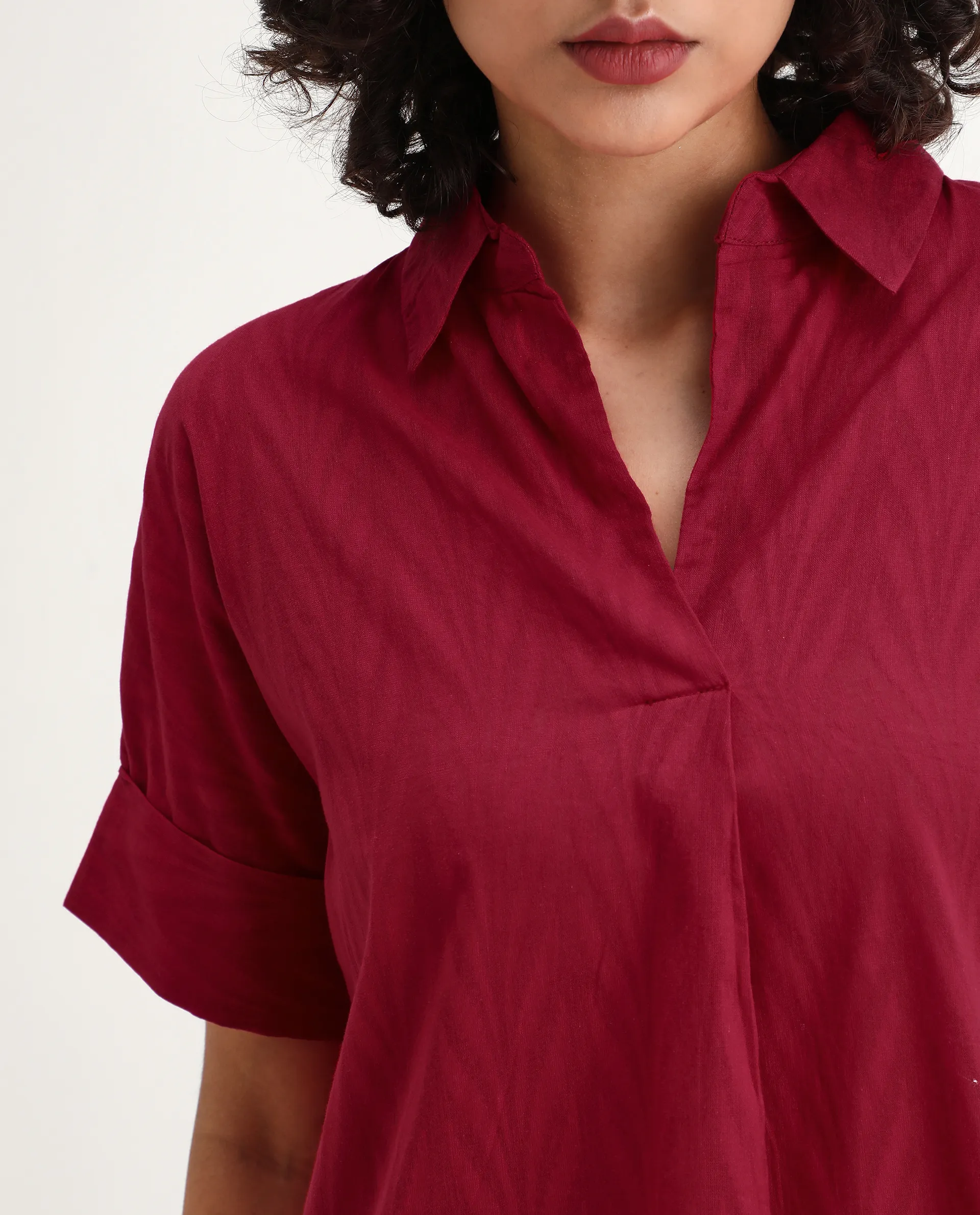 Rareism Women's Somyas Red Cotton Johnny Collar Plain Extended Sleeves Relaxed Fit Top - Image 2