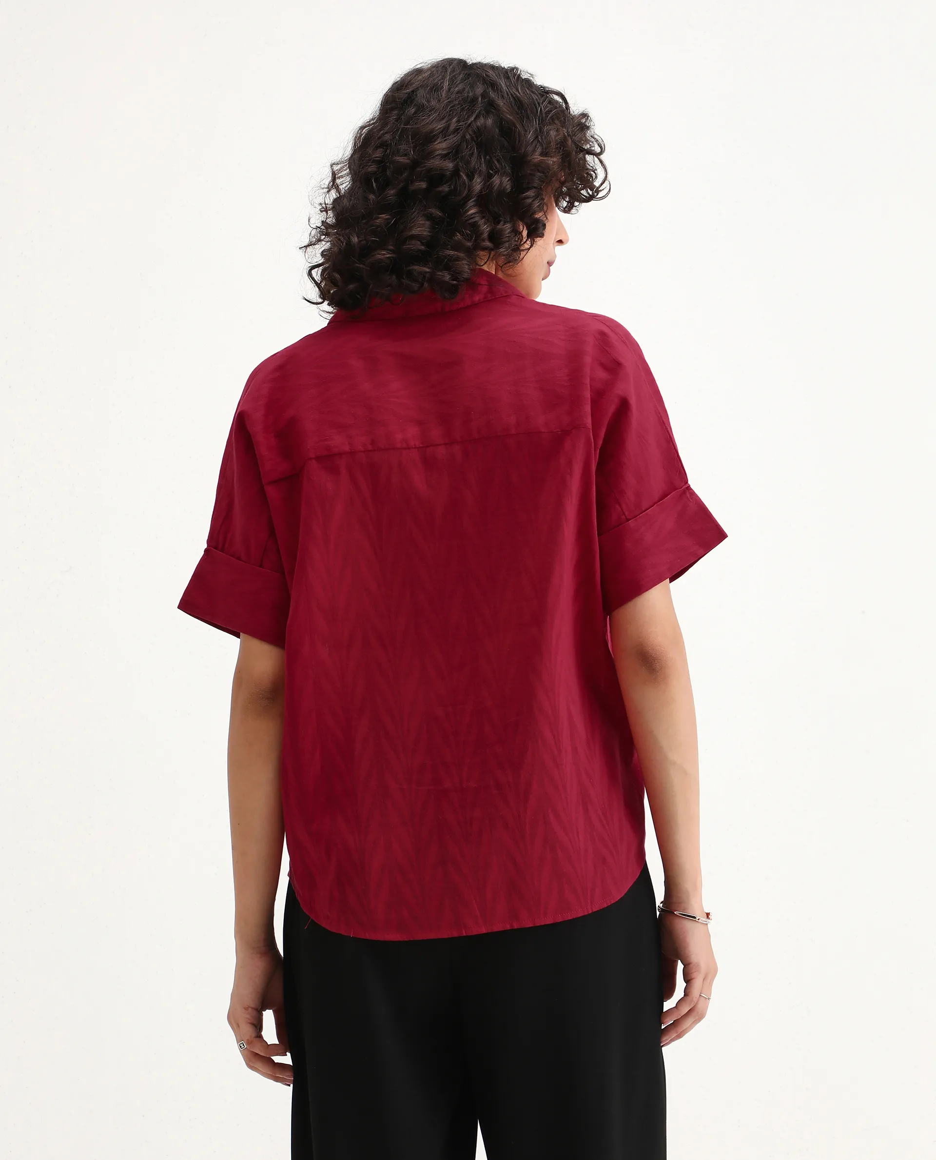 Rareism Women's Somyas Red Cotton Johnny Collar Plain Extended Sleeves Relaxed Fit Top - Image 3