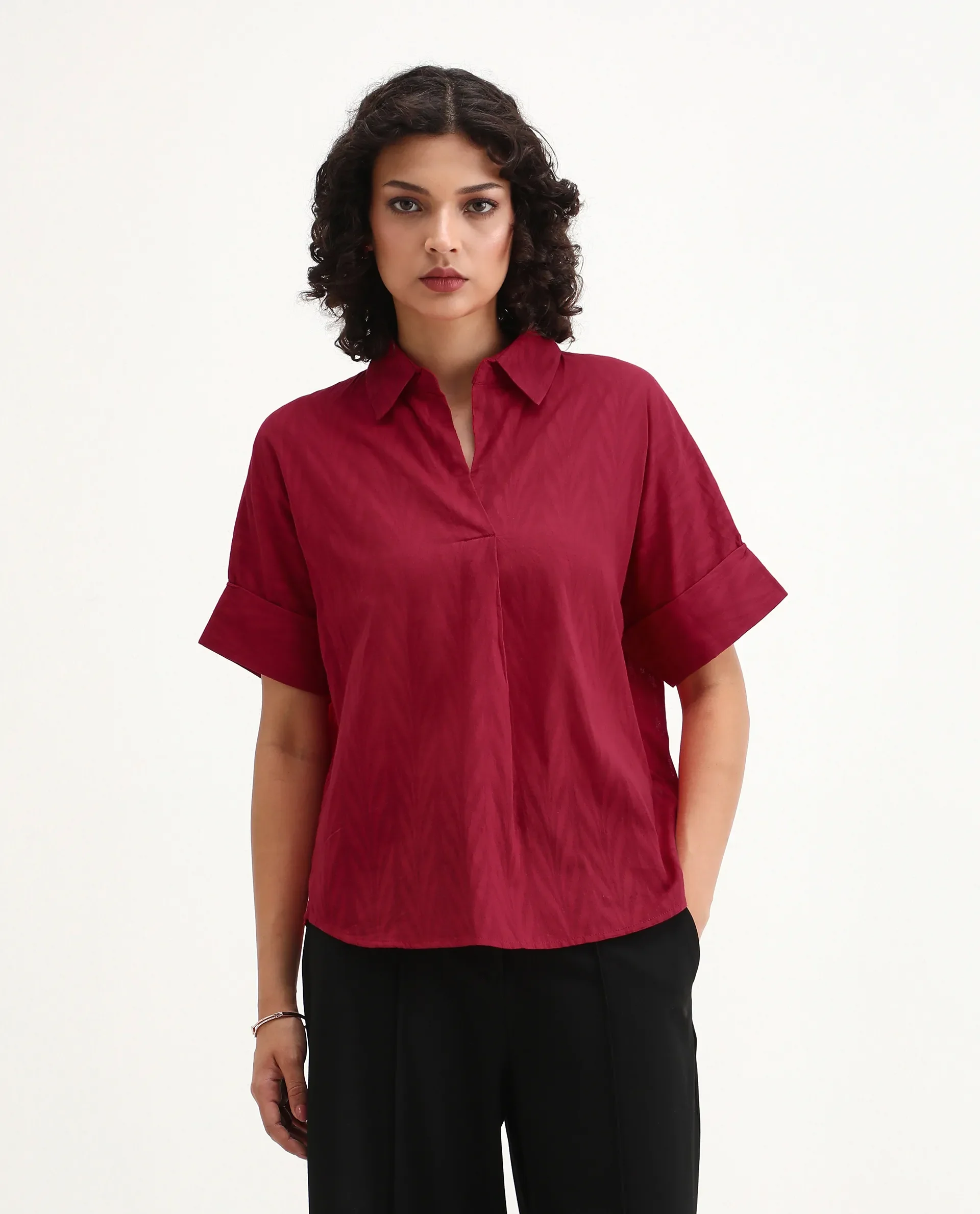 Rareism Women's Somyas Red Cotton Johnny Collar Plain Extended Sleeves Relaxed Fit Top - Image 4