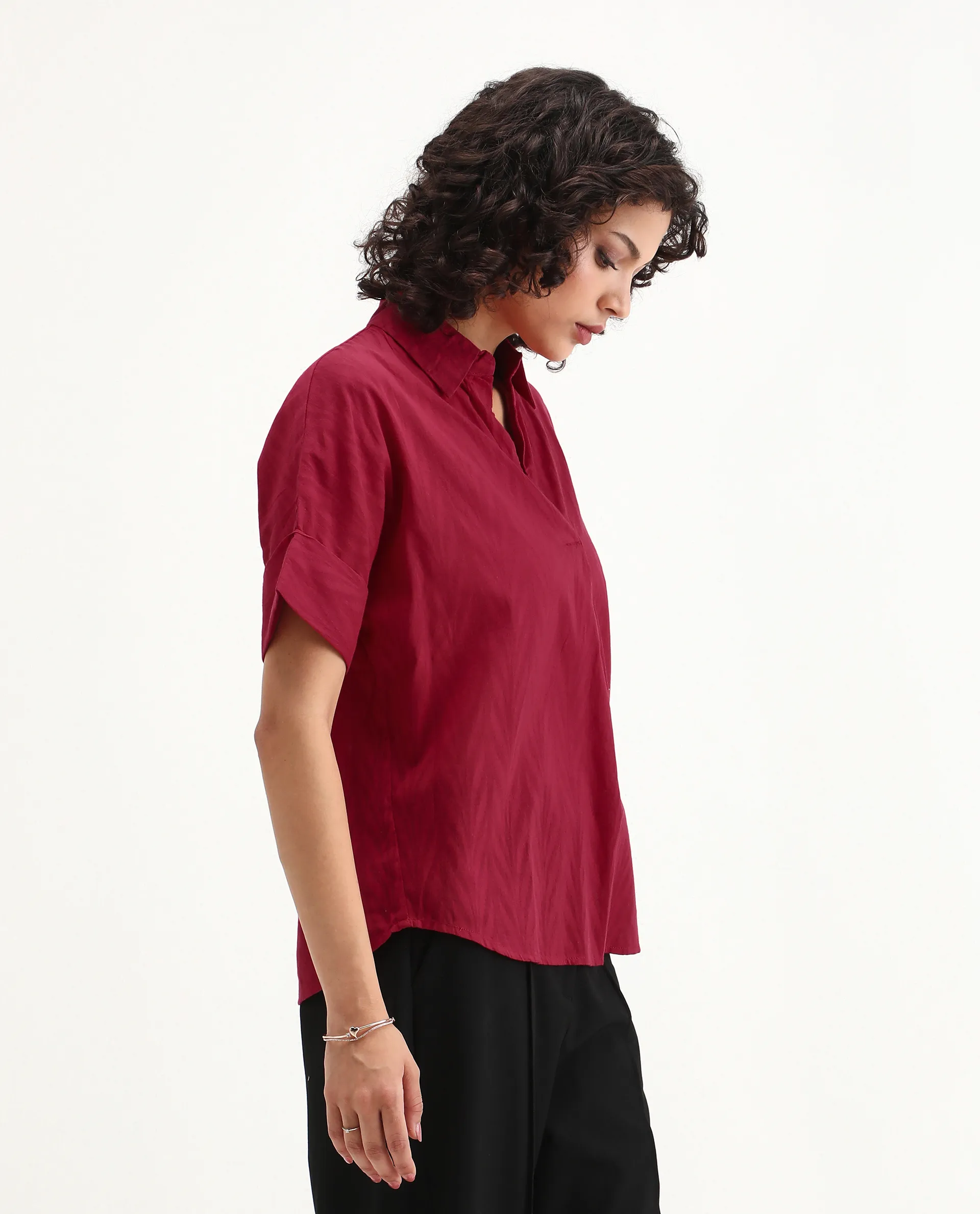 Rareism Women's Somyas Red Cotton Johnny Collar Plain Extended Sleeves Relaxed Fit Top - Image 5