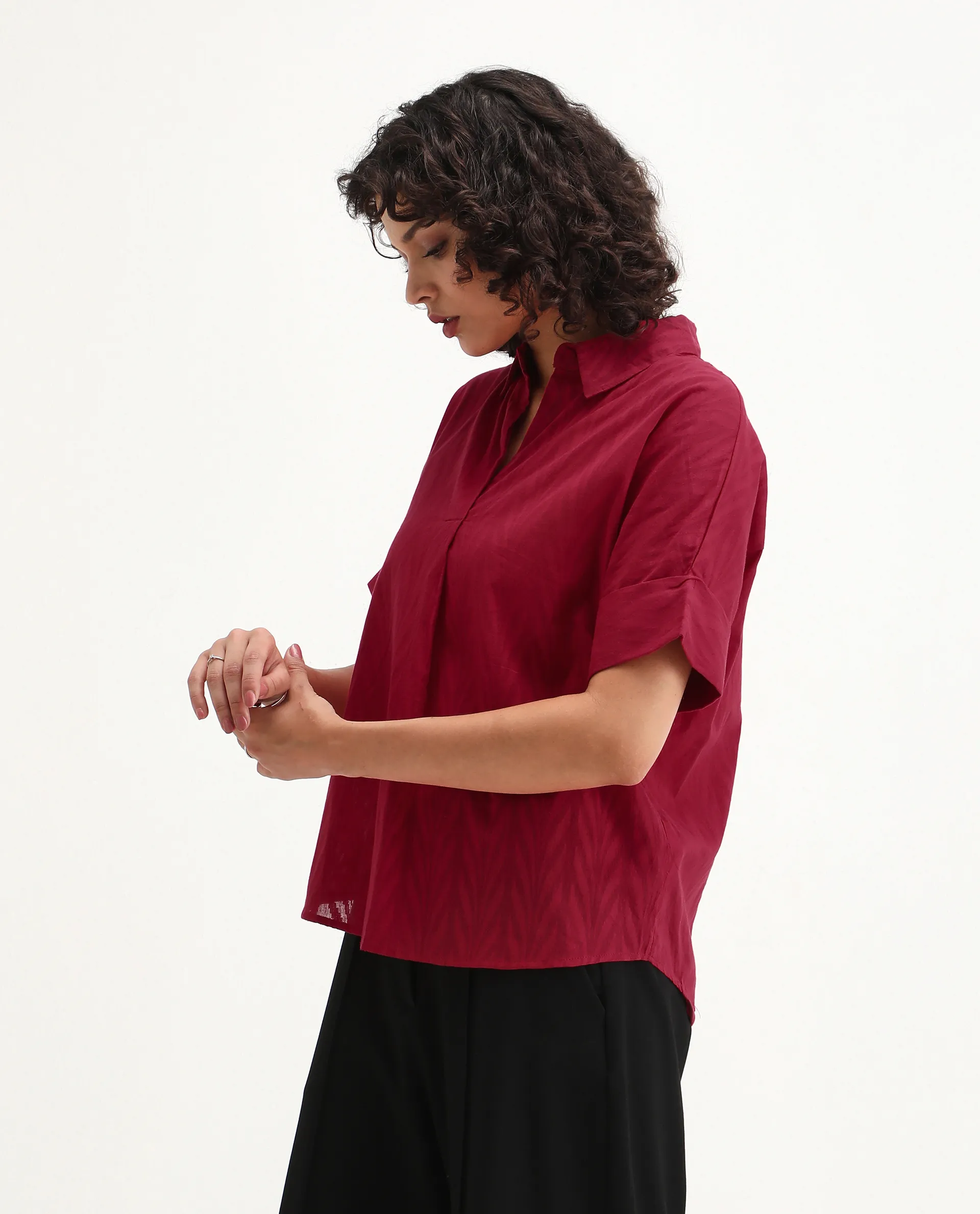 Rareism Women's Somyas Red Cotton Johnny Collar Plain Extended Sleeves Relaxed Fit Top - Image 6