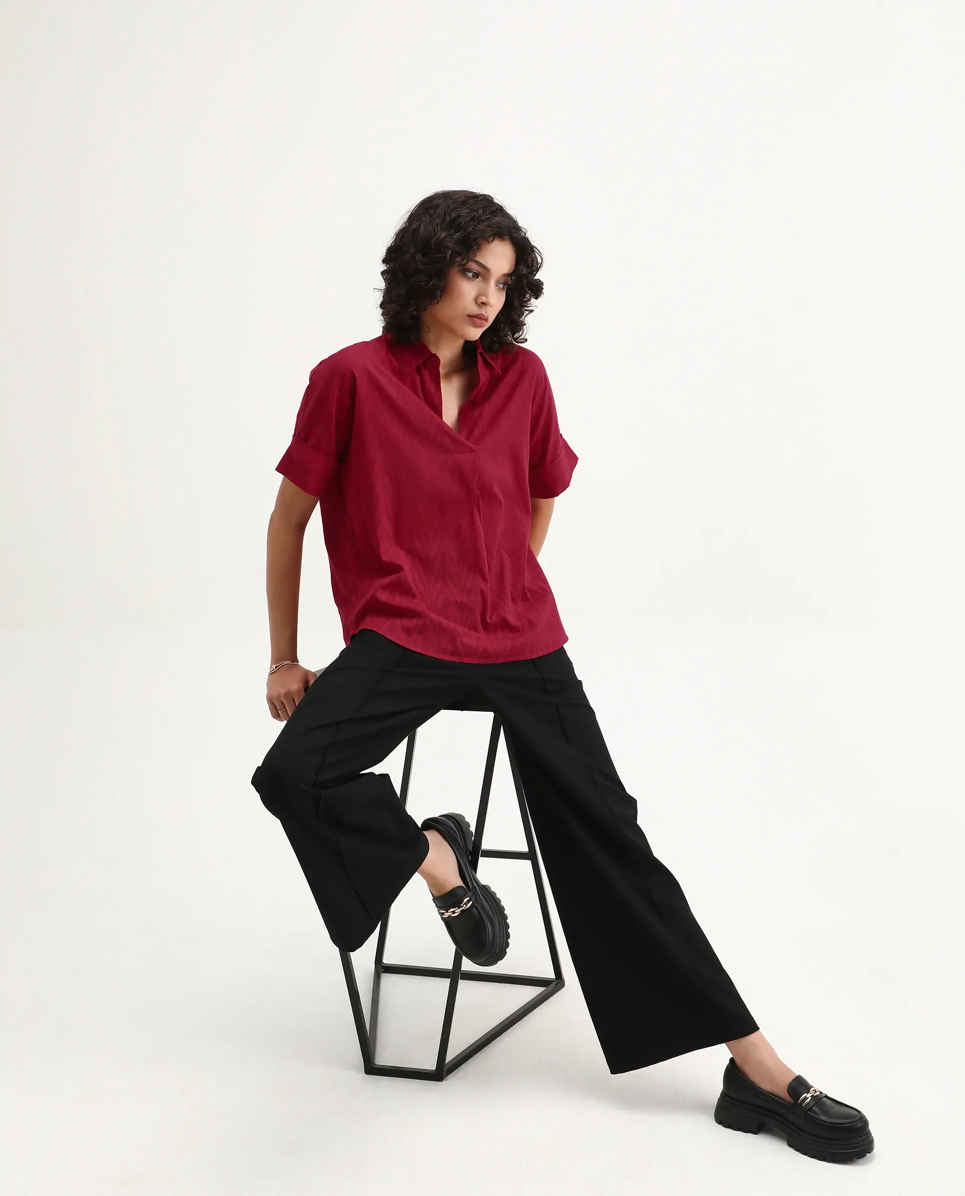 Rareism Women's Somyas Red Cotton Johnny Collar Plain Extended Sleeves Relaxed Fit Top - Image 7