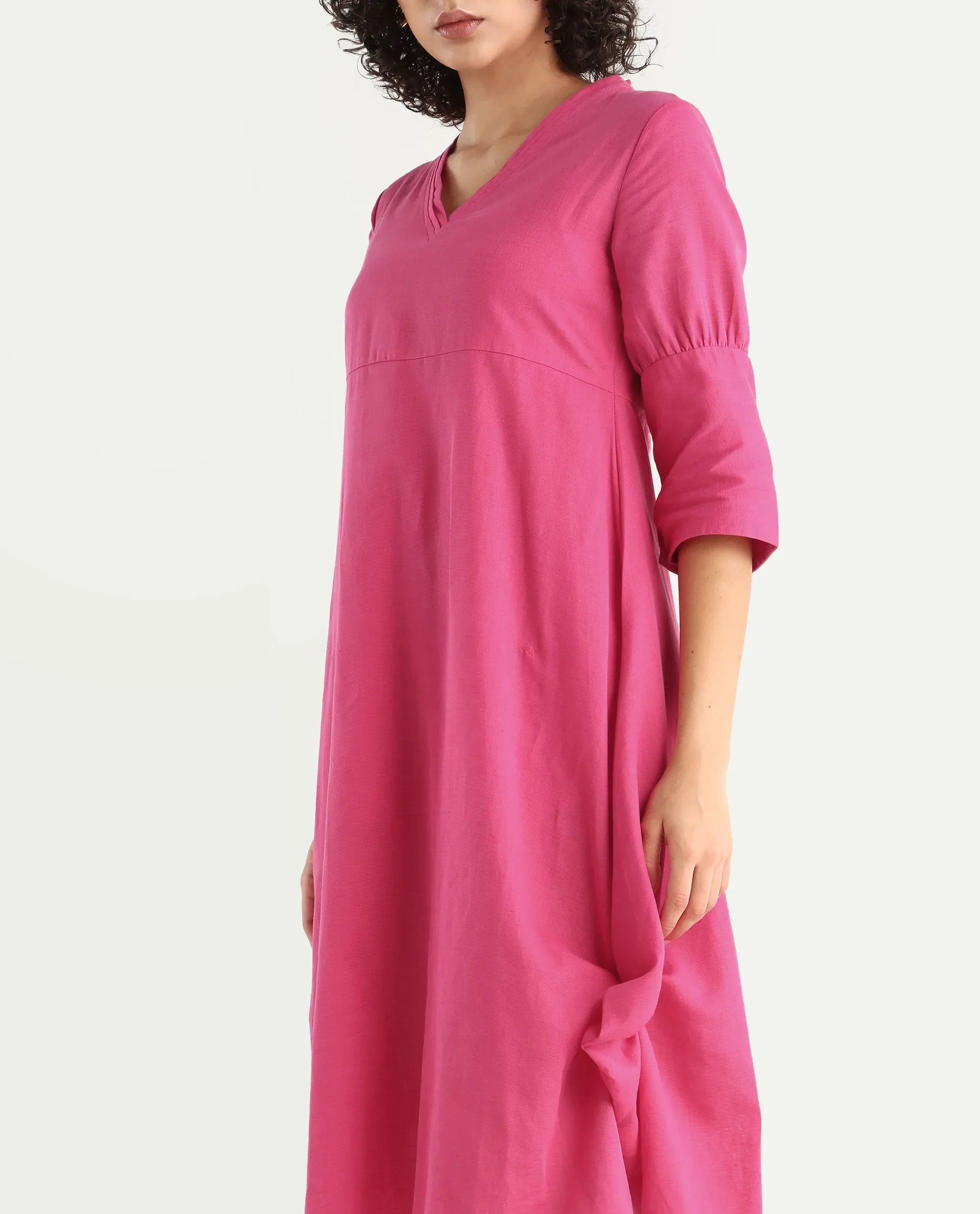 Rareism Women's Somyer Pink Cotton Blend V-Neck Plain Midi Flared Dress - Image 2