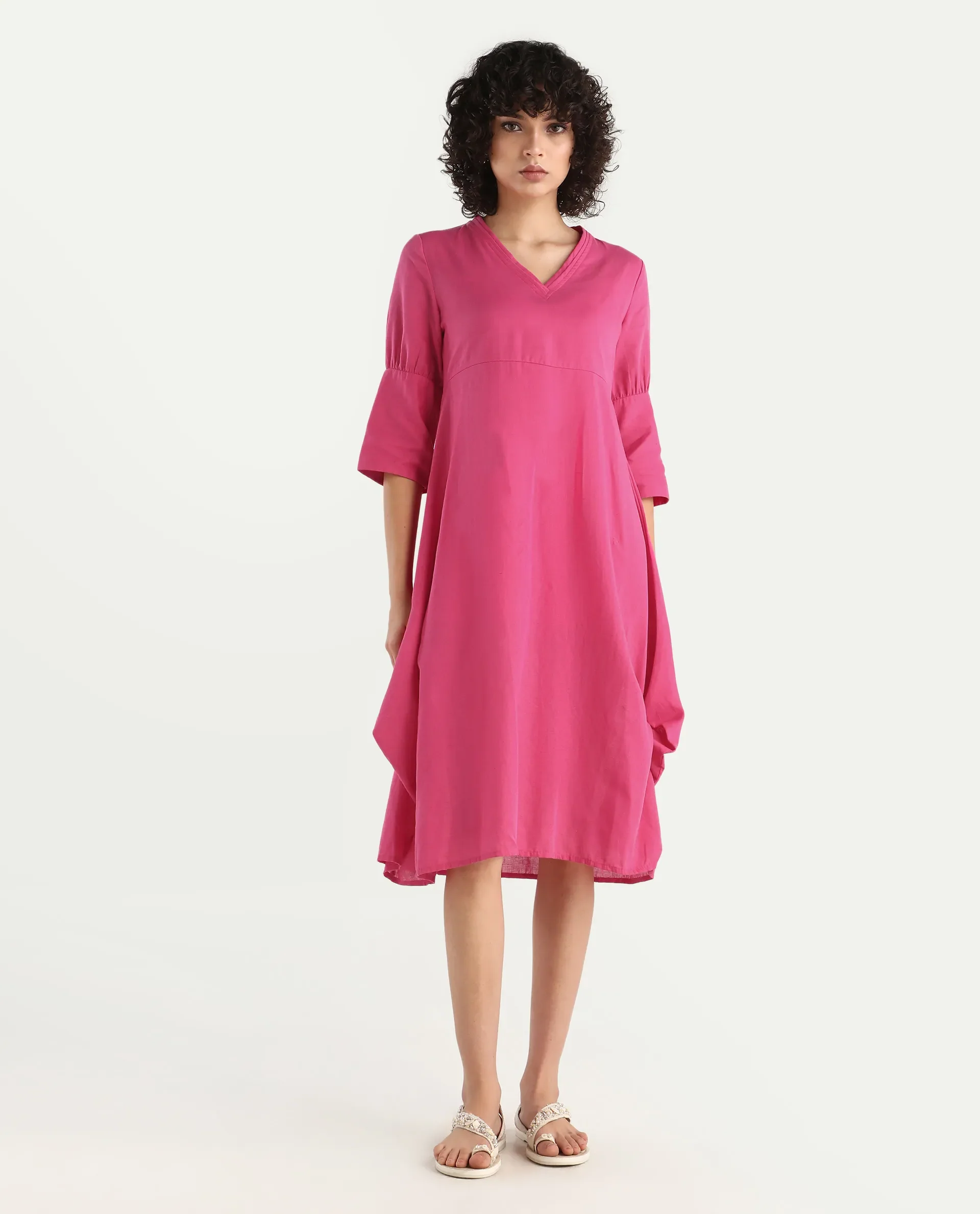 Rareism Women's Somyer Pink Cotton Blend V-Neck Plain Midi Flared Dress - Image 3