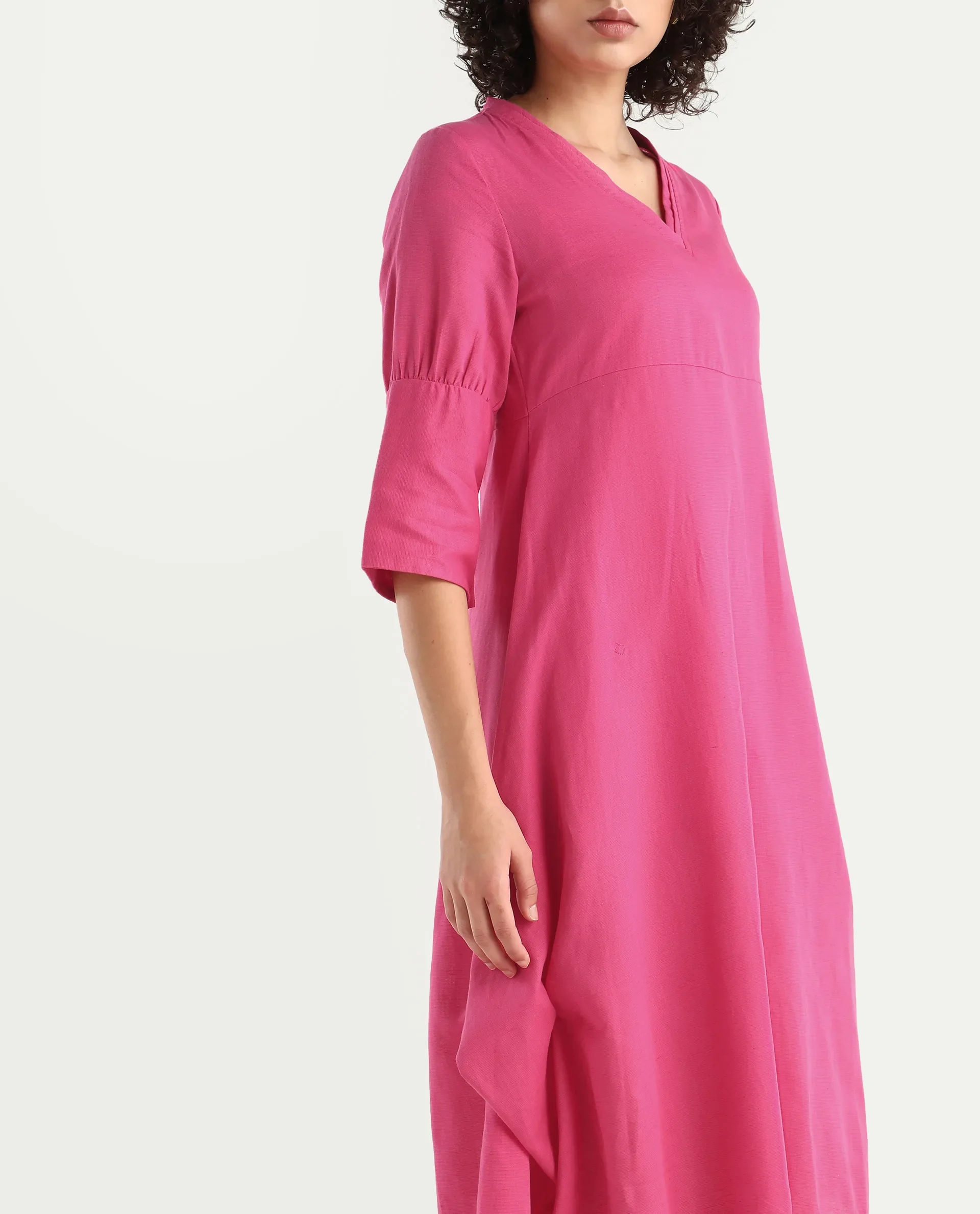 Rareism Women's Somyer Pink Cotton Blend V-Neck Plain Midi Flared Dress - Image 4