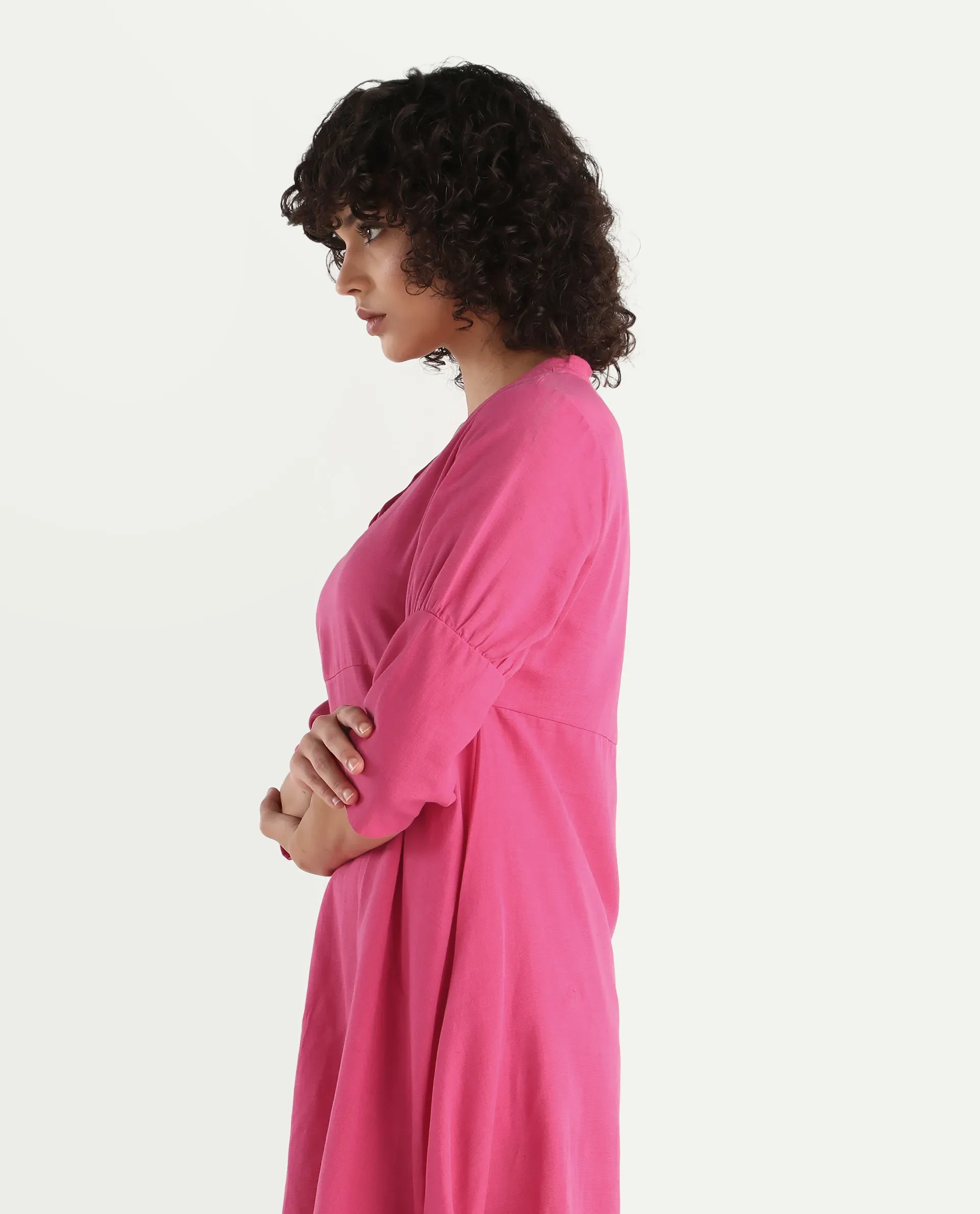 Rareism Women's Somyer Pink Cotton Blend V-Neck Plain Midi Flared Dress - Image 5