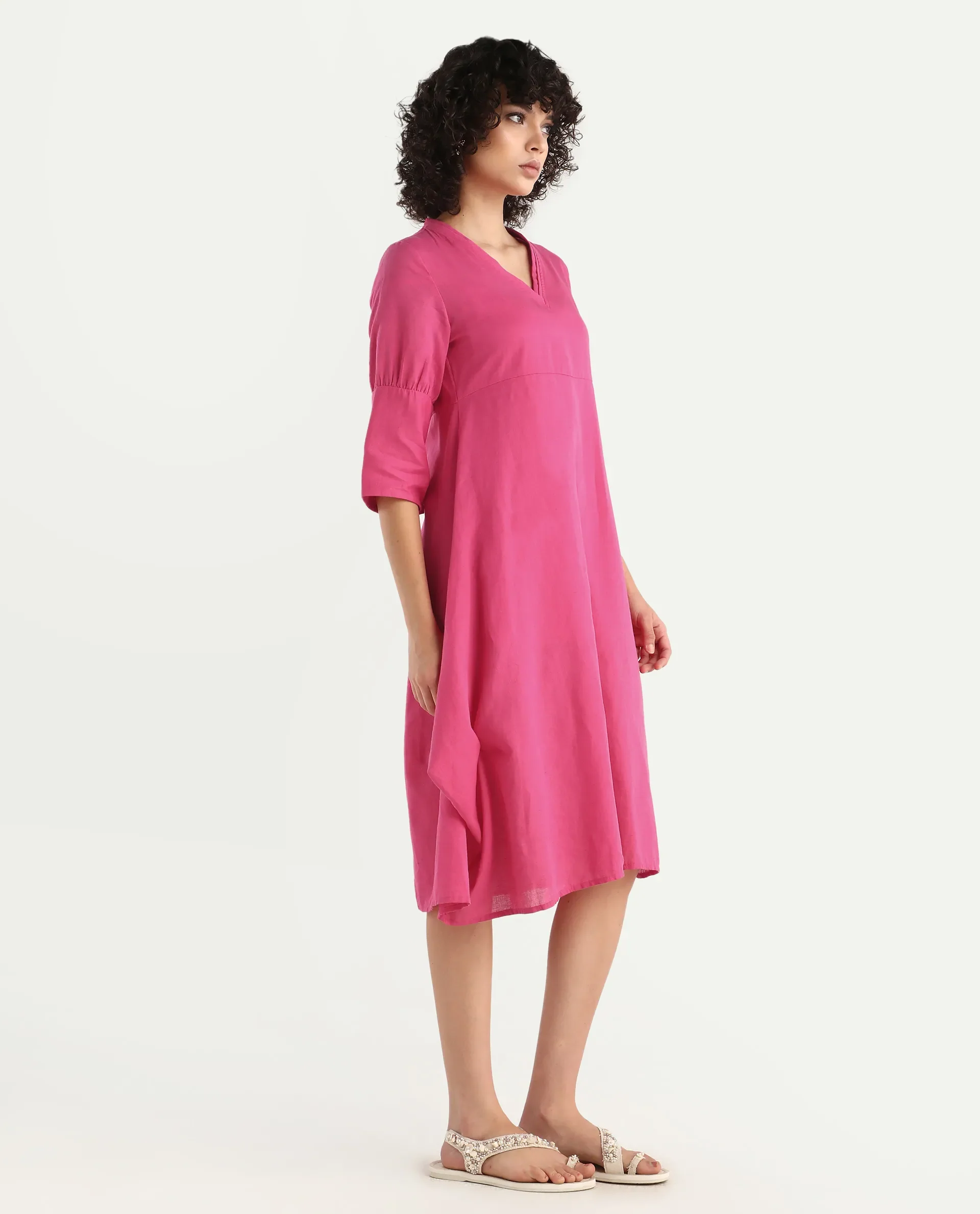 Rareism Women's Somyer Pink Cotton Blend V-Neck Plain Midi Flared Dress - Image 6