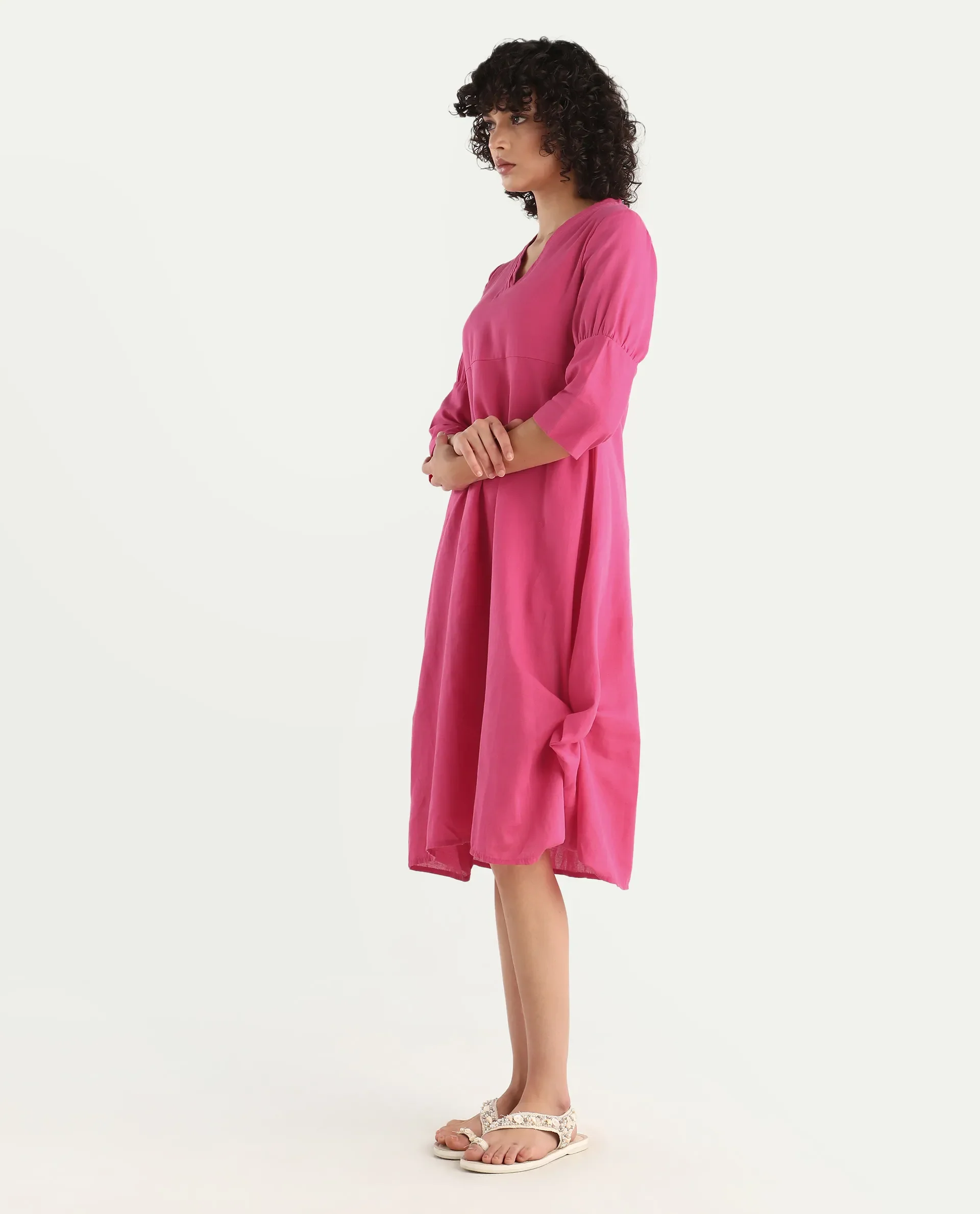 Rareism Women's Somyer Pink Cotton Blend V-Neck Plain Midi Flared Dress - Image 7