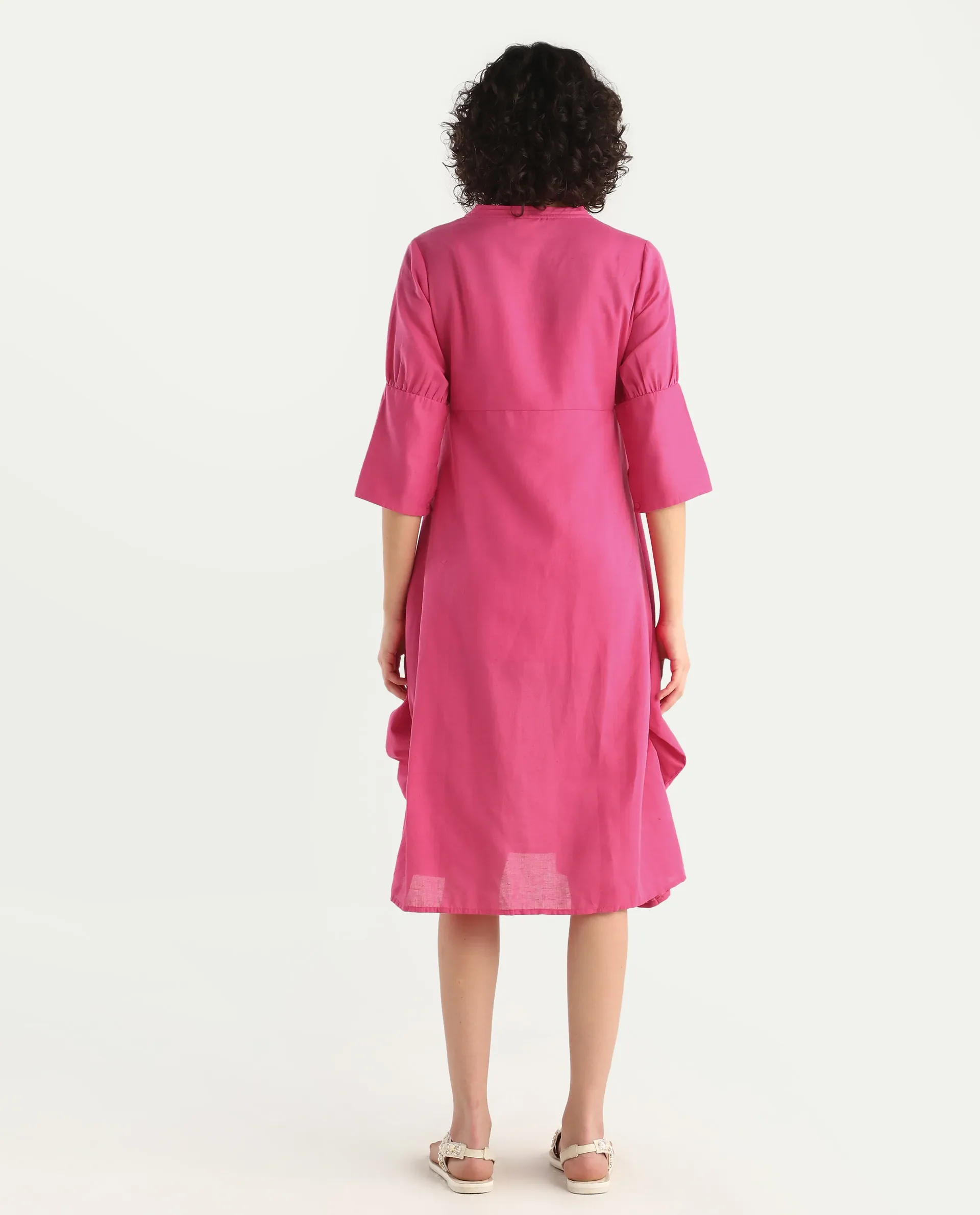 Rareism Women's Somyer Pink Cotton Blend V-Neck Plain Midi Flared Dress - Image 8