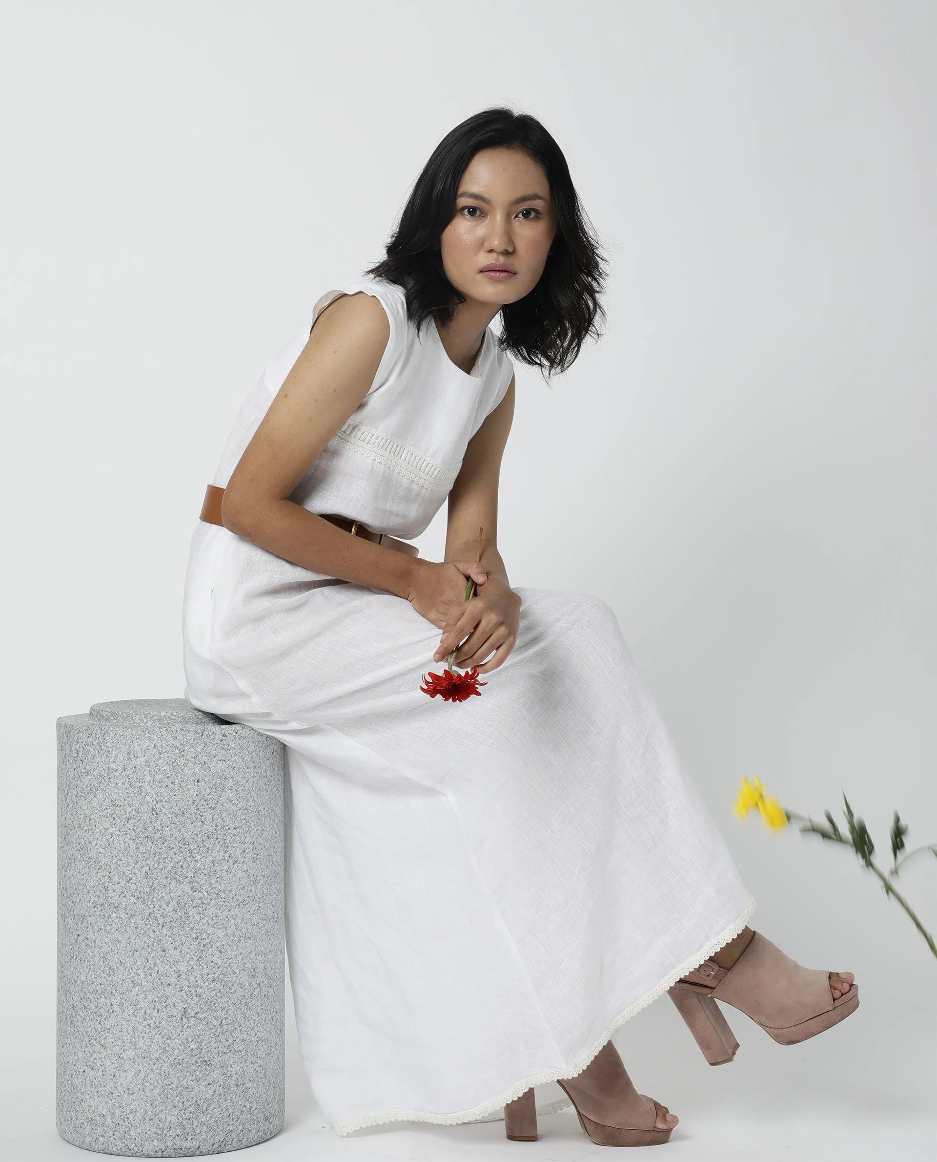 Rareism Womens Fume White Cotton Silk Fabric Long Length Round Collar Neck Boxy Fit - Image 6