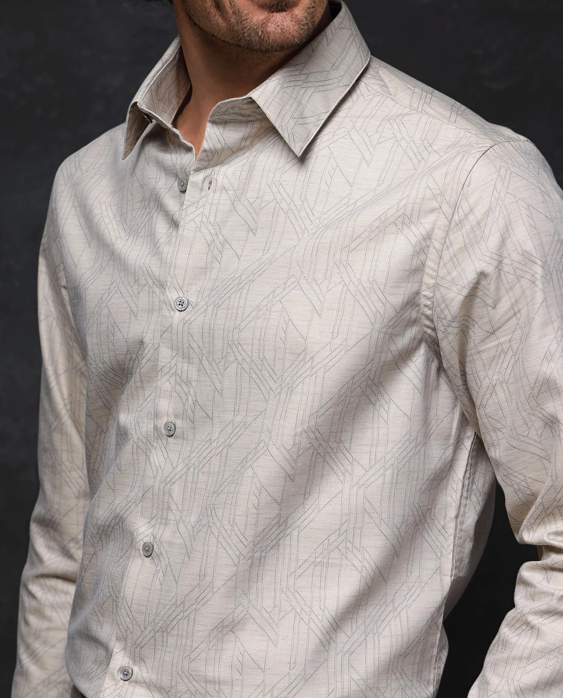 Rare Rabbit Men's Sonnet Beige Cotton Geometric Print Regular Fit Full Sleeve Collared Shirt - Image 3
