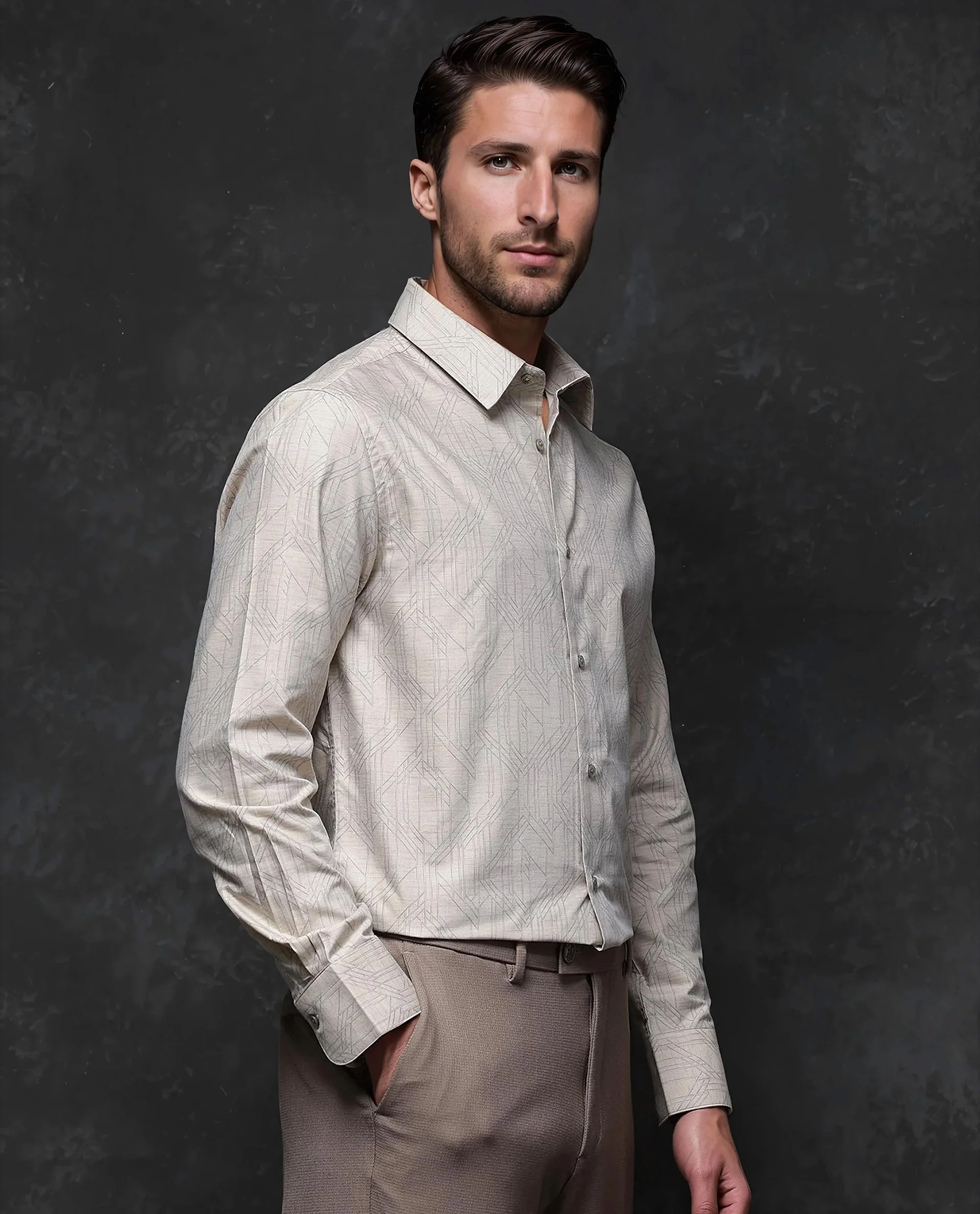 Rare Rabbit Men's Sonnet Beige Cotton Geometric Print Regular Fit Full Sleeve Collared Shirt - Image 4