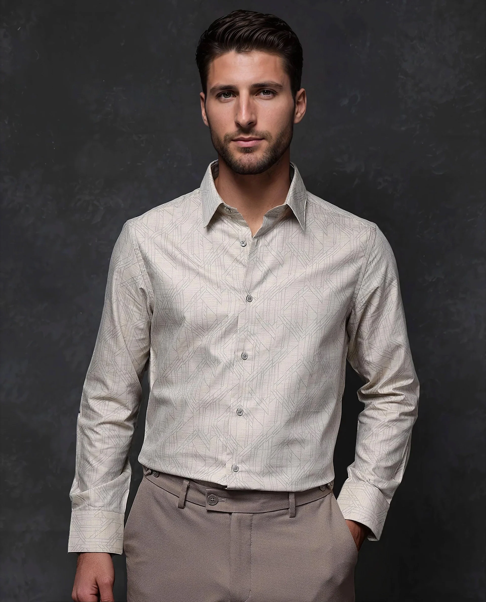 Rare Rabbit Men's Sonnet Beige Cotton Geometric Print Regular Fit Full Sleeve Collared Shirt - Image 6