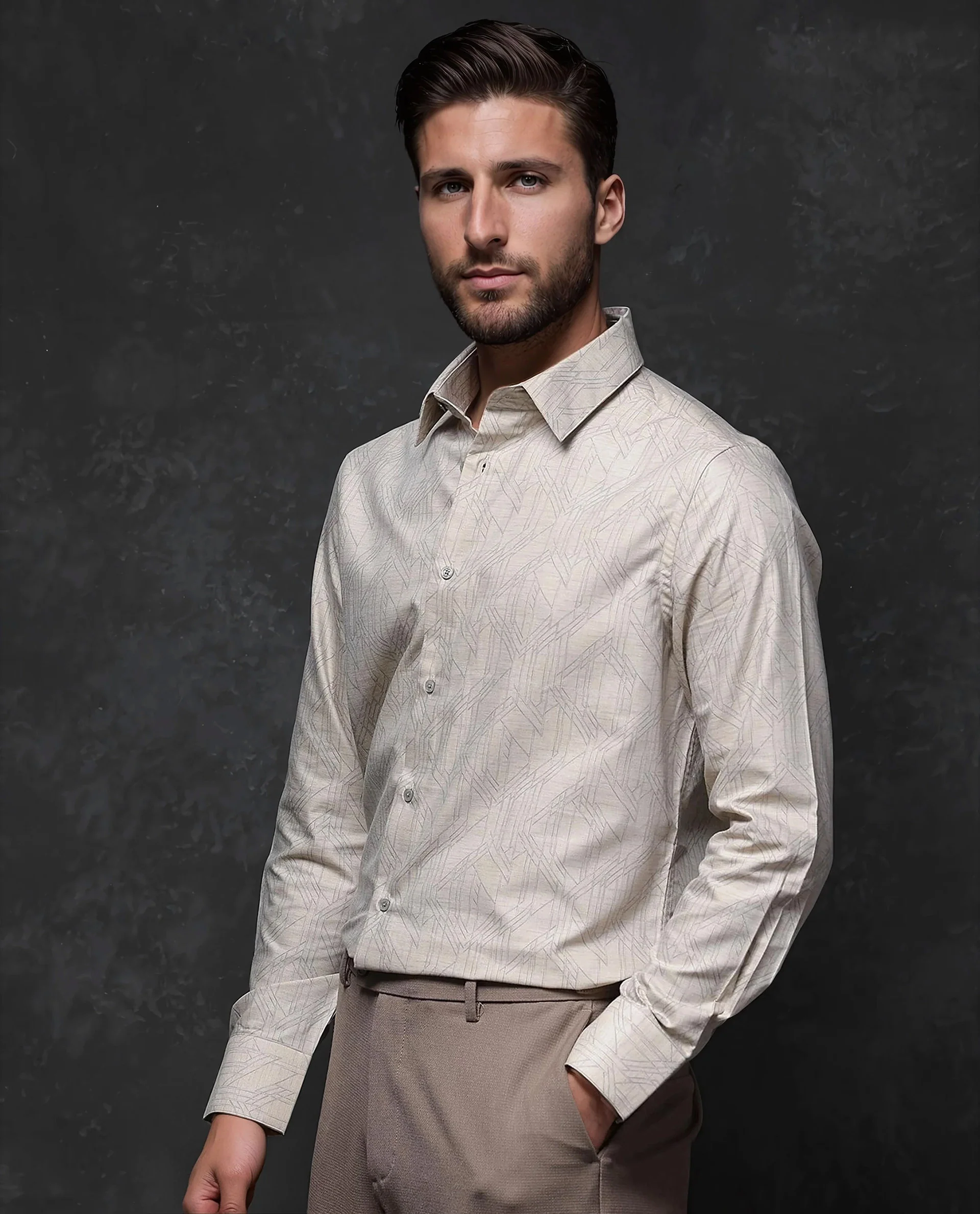 Rare Rabbit Men's Sonnet Beige Cotton Geometric Print Regular Fit Full Sleeve Collared Shirt - Image 7