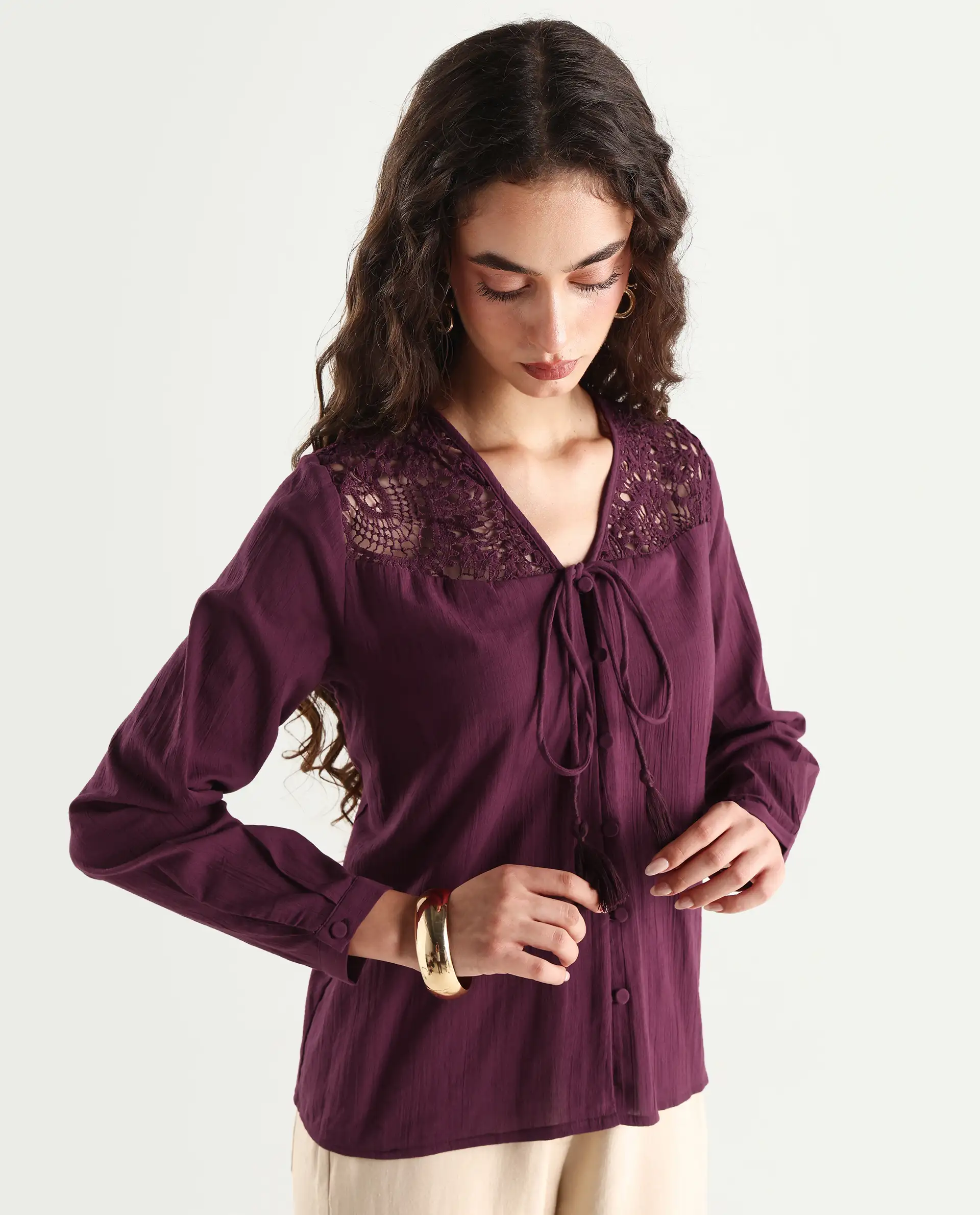 Rareism Women's Sonoki Dark Maroon Cotton V-Neck Plain Relaxed Fit Top