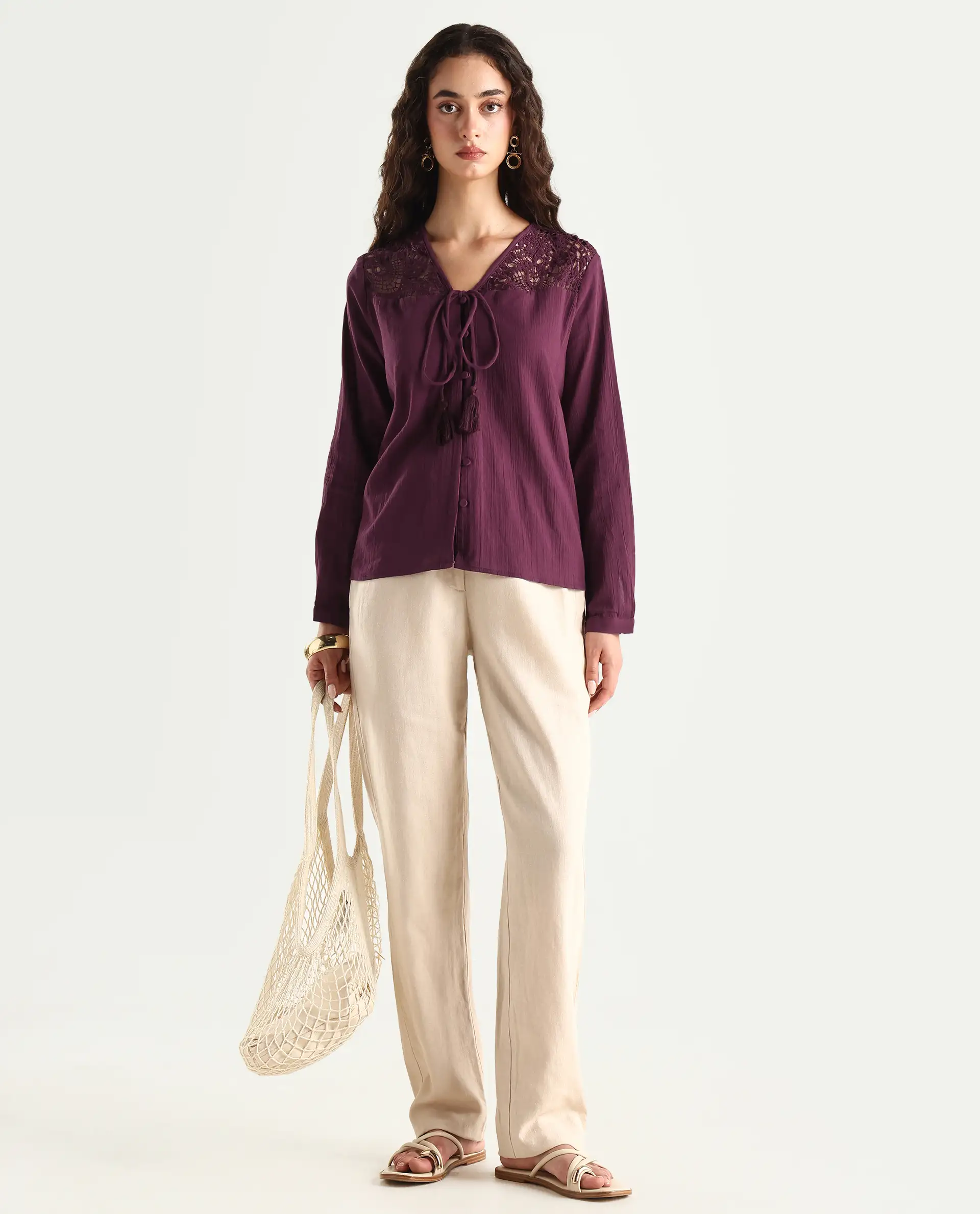 Rareism Women's Sonoki Dark Maroon Cotton V-Neck Plain Relaxed Fit Top - Image 2
