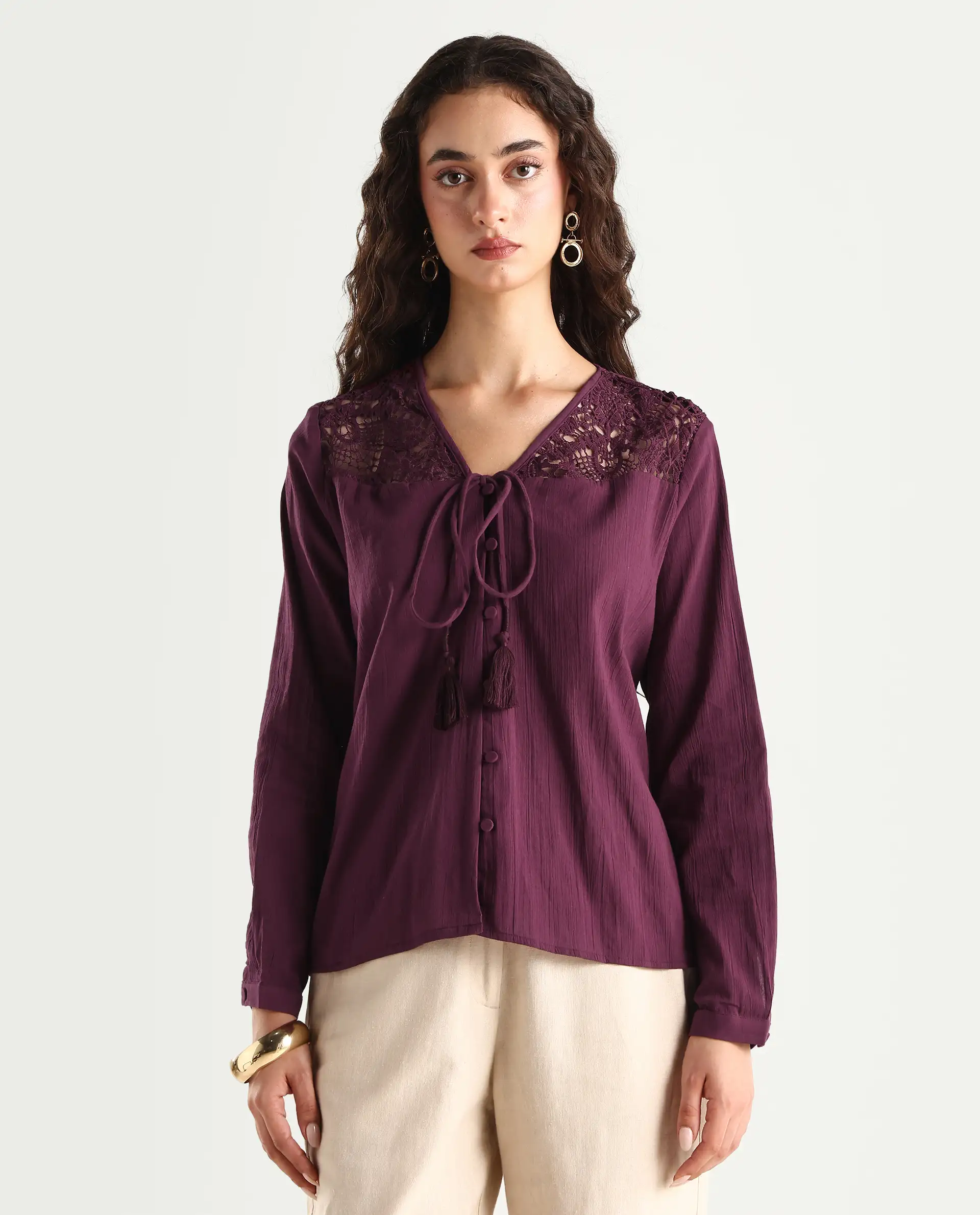 Rareism Women's Sonoki Dark Maroon Cotton V-Neck Plain Relaxed Fit Top - Image 3