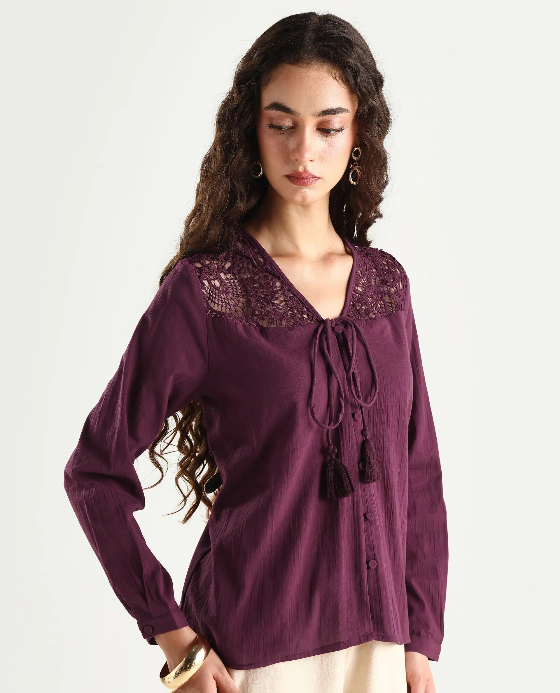 Rareism Women's Sonoki Dark Maroon Cotton V-Neck Plain Relaxed Fit Top - Image 4