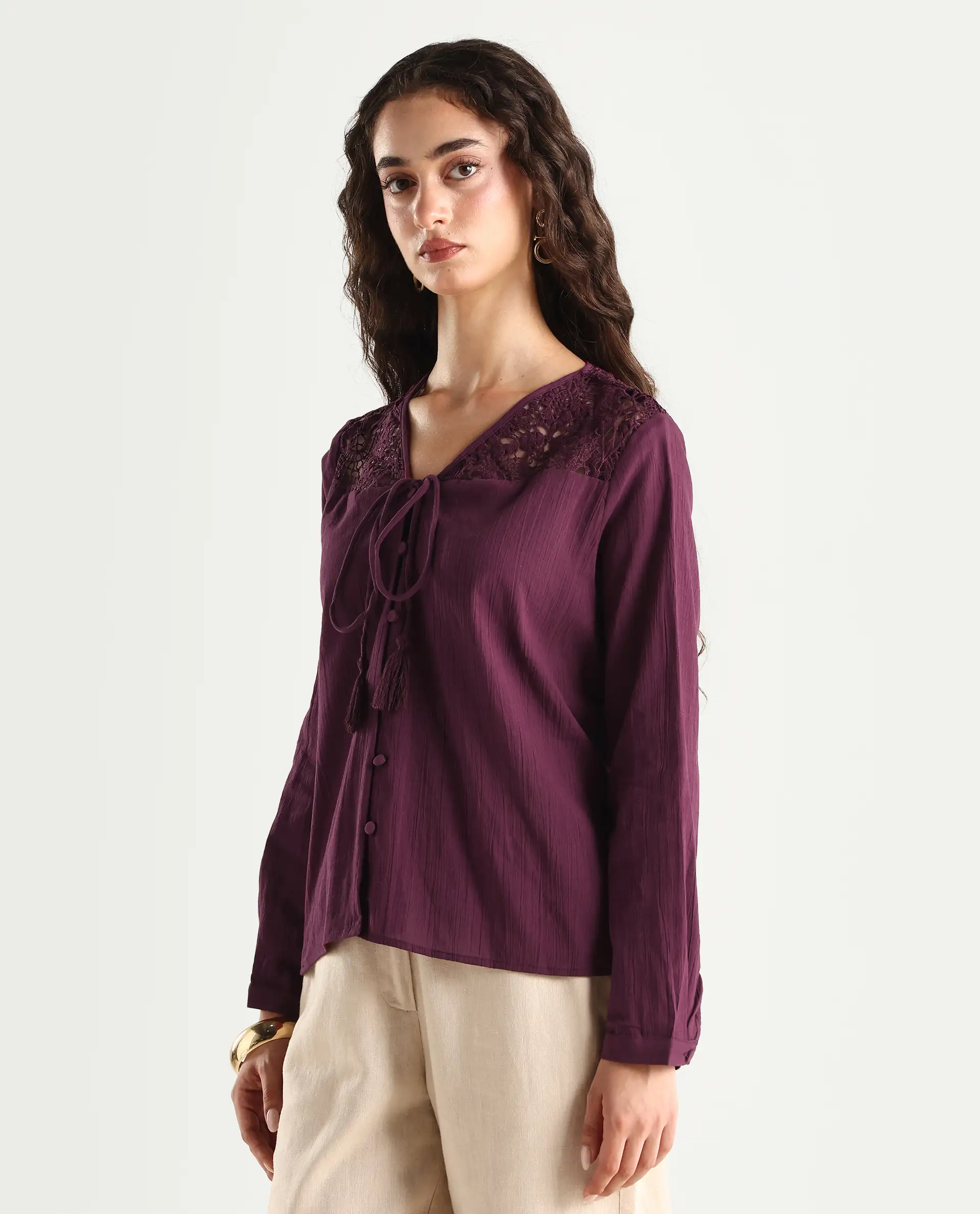Rareism Women's Sonoki Dark Maroon Cotton V-Neck Plain Relaxed Fit Top - Image 5