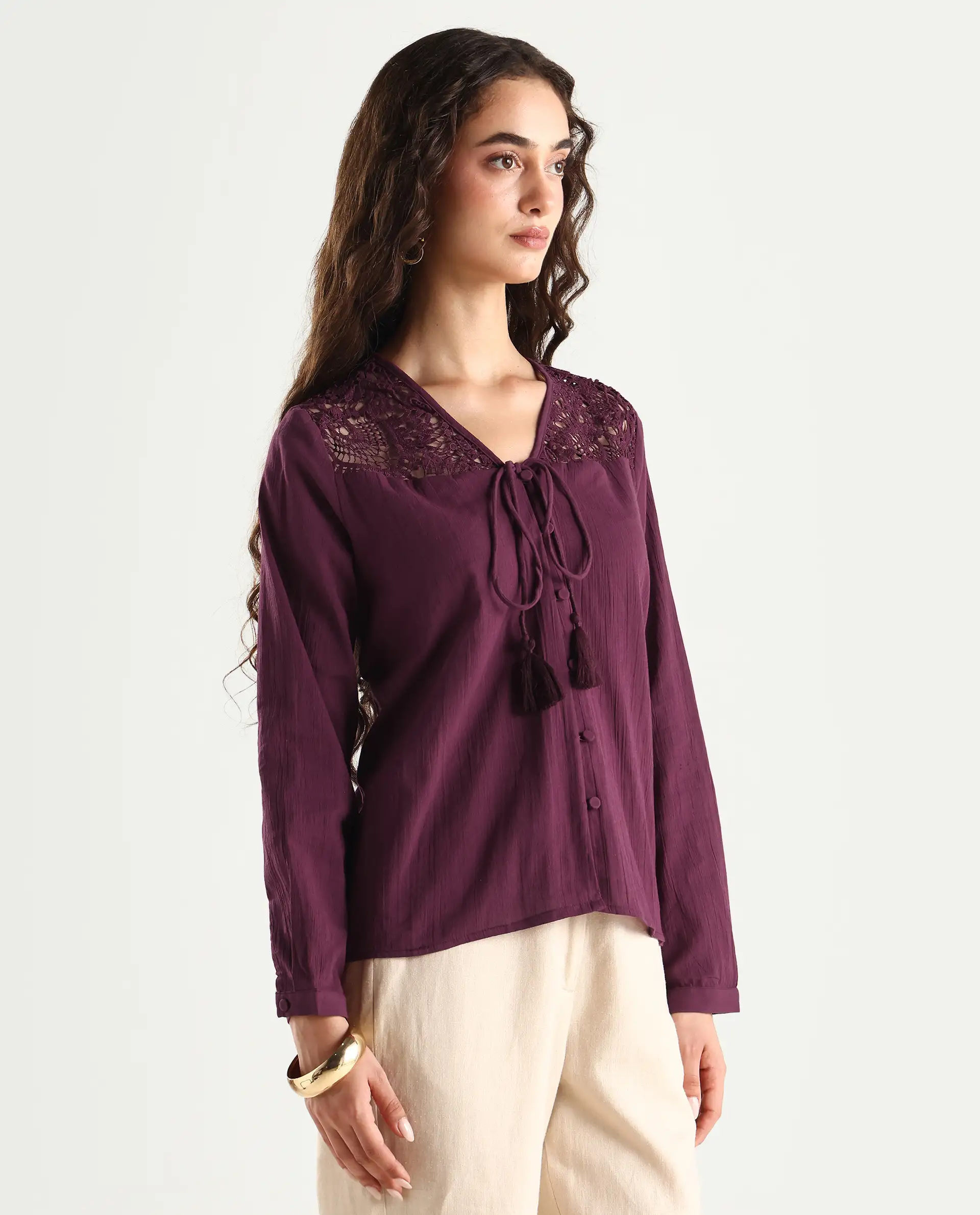 Rareism Women's Sonoki Dark Maroon Cotton V-Neck Plain Relaxed Fit Top - Image 6