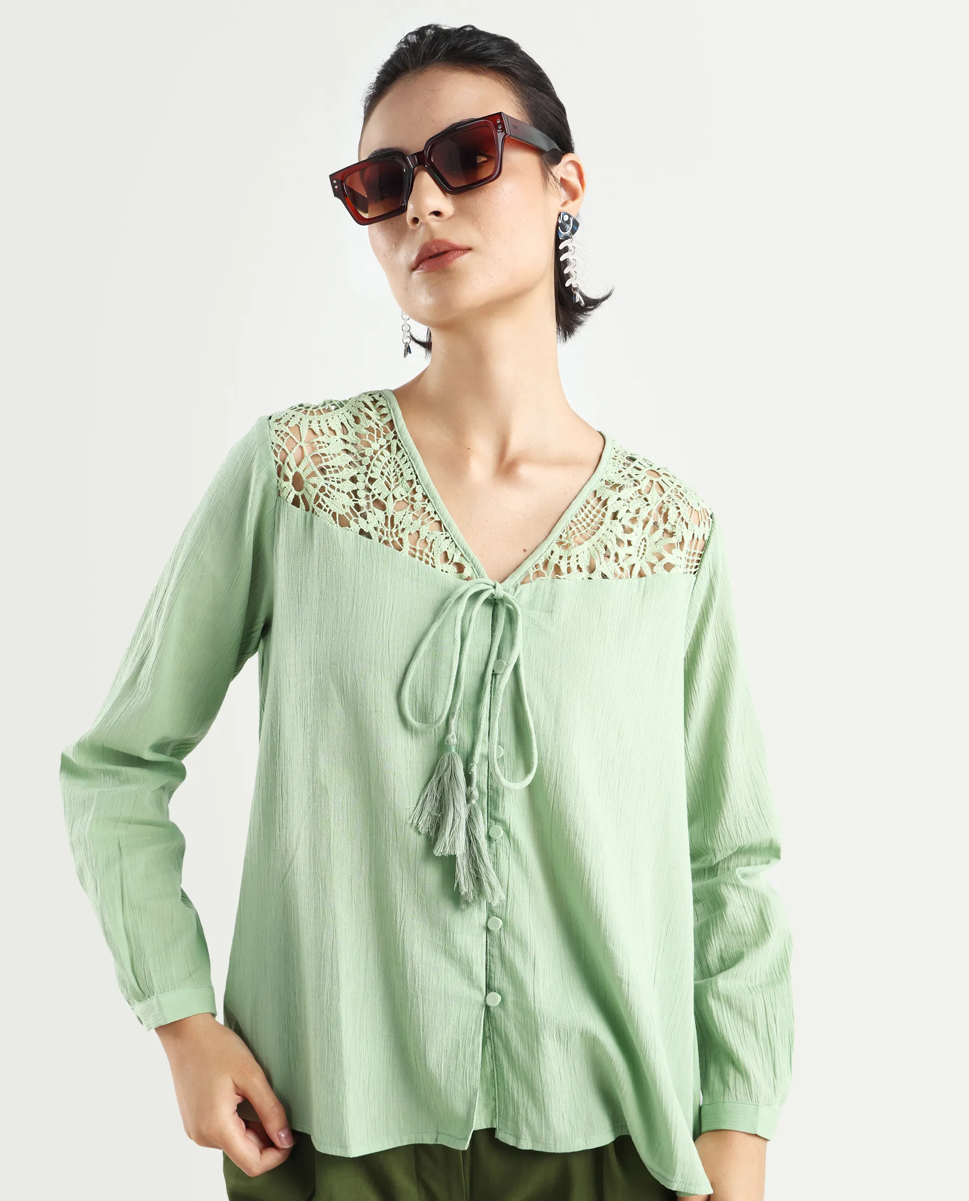 Rareism Women's Sonoki Dusky Green Cotton Blend V-Neck Plain Relaxed Fit Top