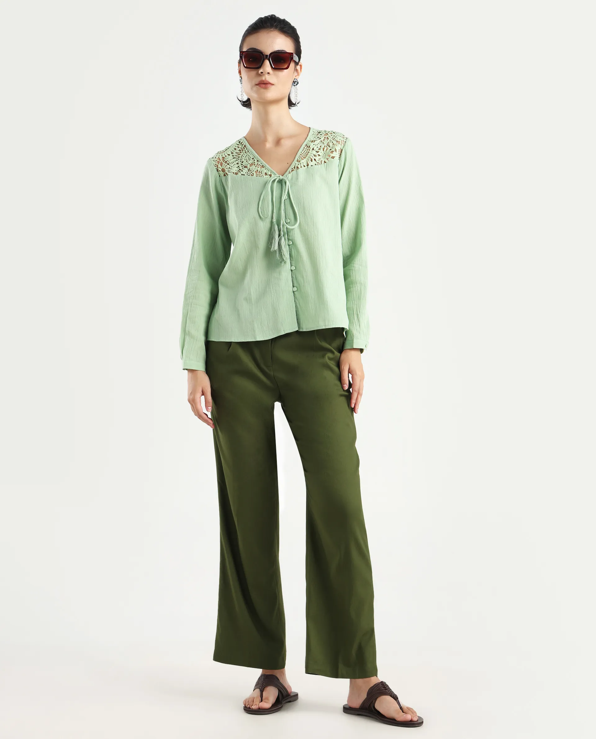 Rareism Women's Sonoki Dusky Green Cotton Blend V-Neck Plain Relaxed Fit Top - Image 2