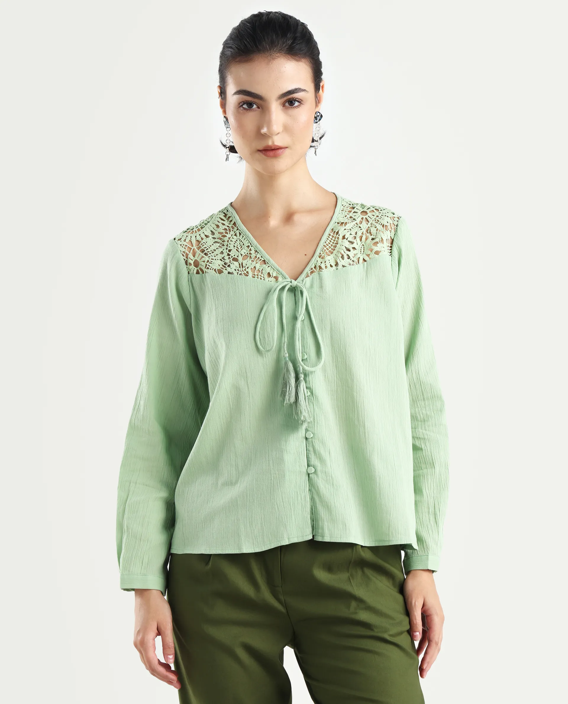 Rareism Women's Sonoki Dusky Green Cotton Blend V-Neck Plain Relaxed Fit Top - Image 3