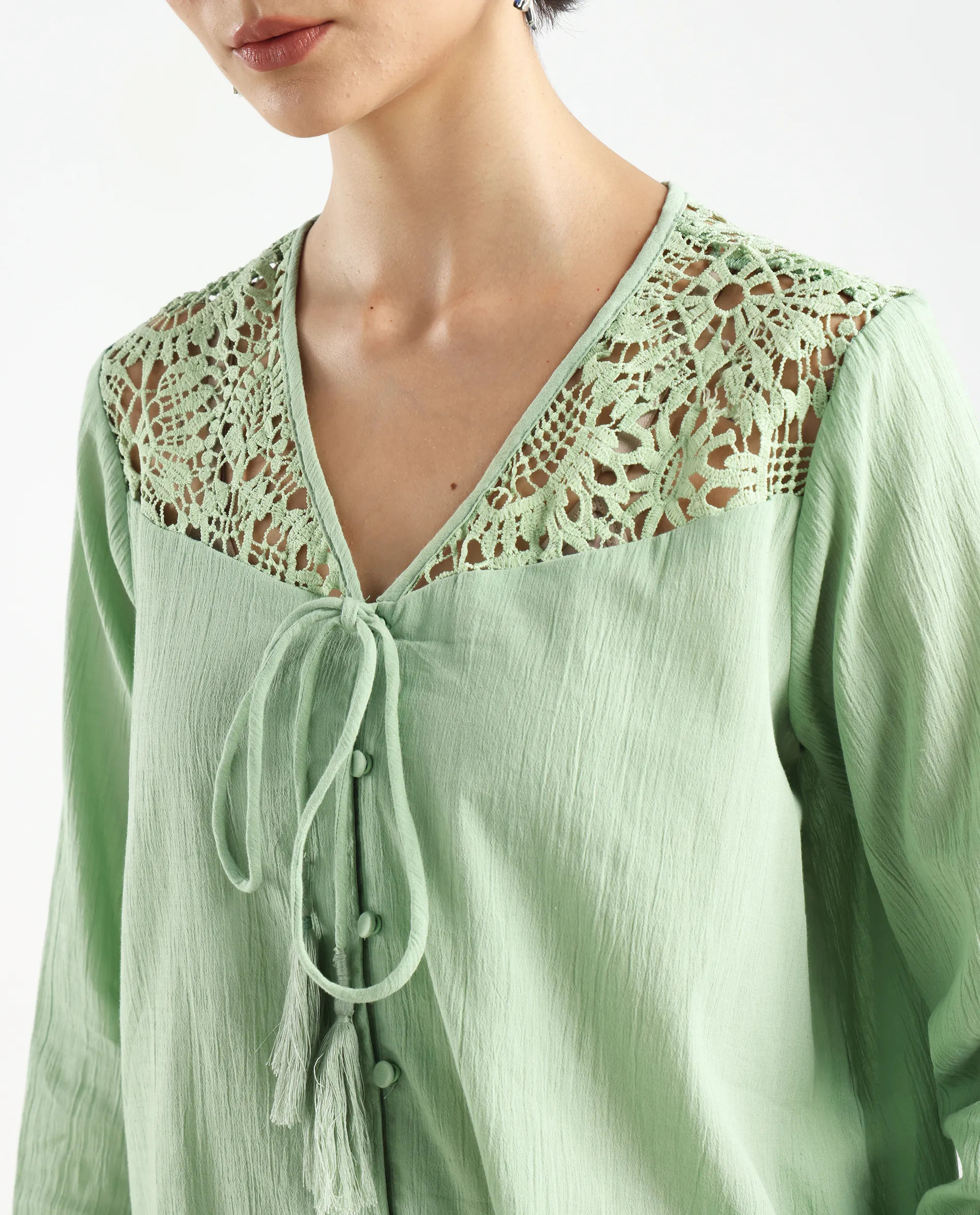 Rareism Women's Sonoki Dusky Green Cotton Blend V-Neck Plain Relaxed Fit Top - Image 4