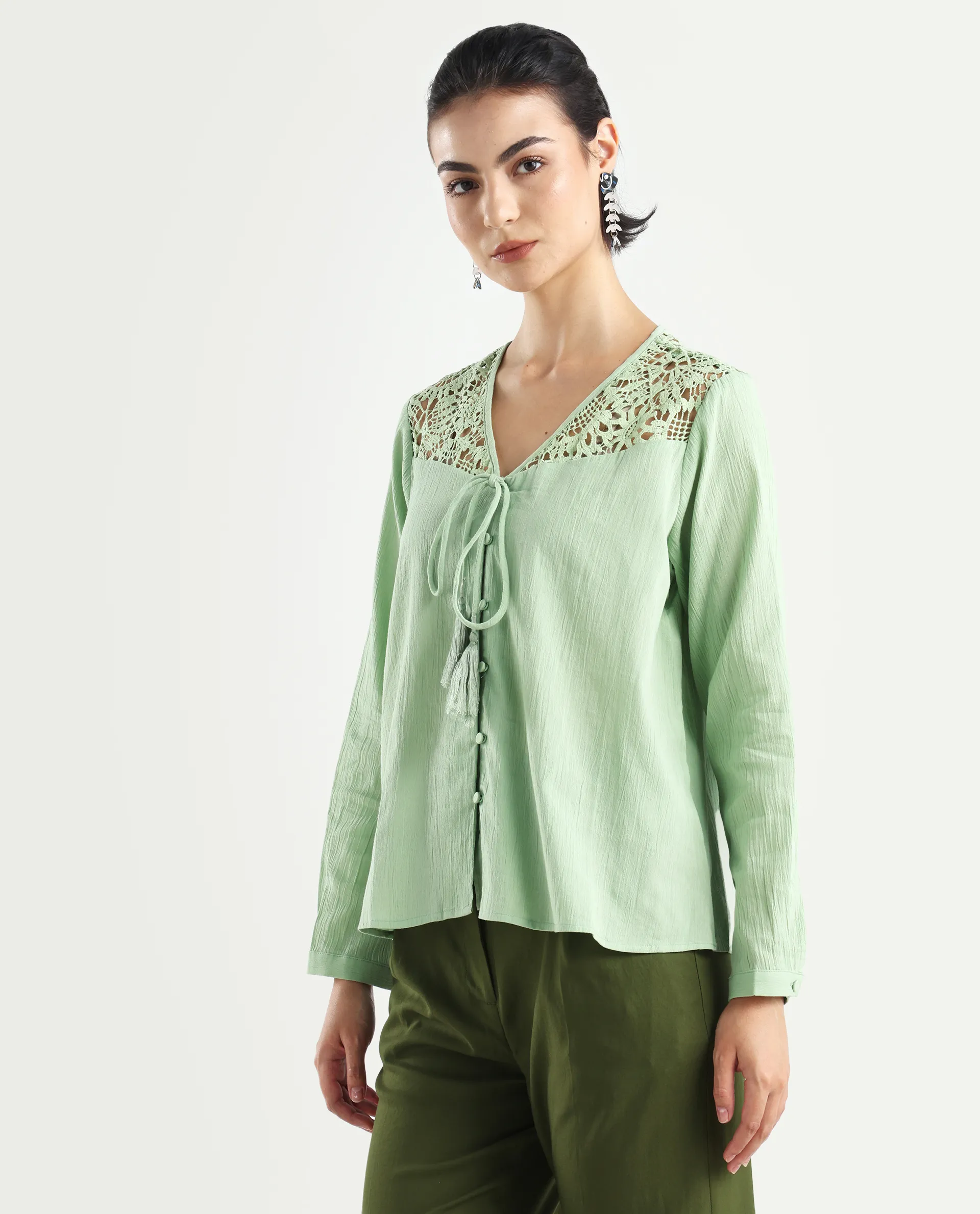 Rareism Women's Sonoki Dusky Green Cotton Blend V-Neck Plain Relaxed Fit Top - Image 5