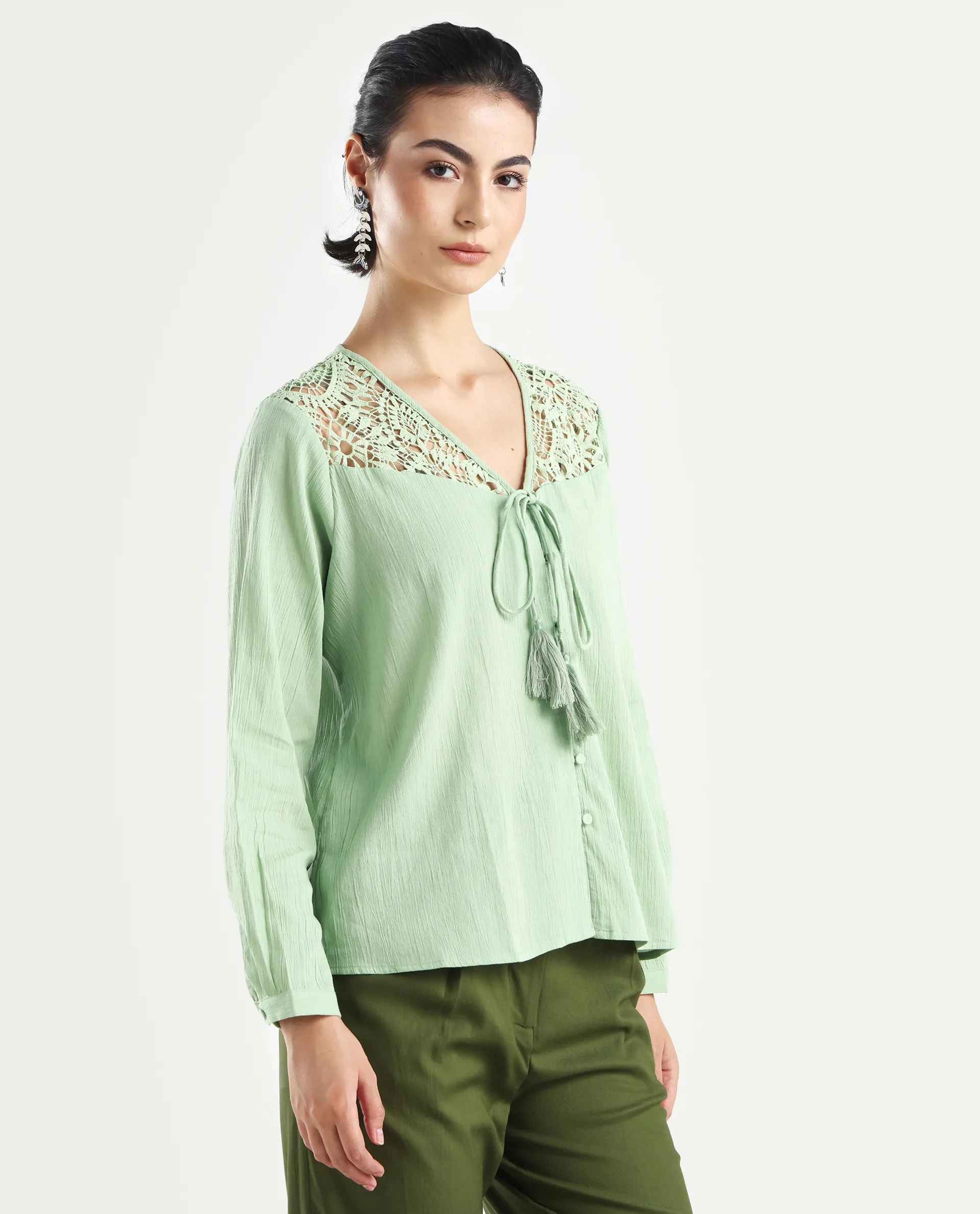 Rareism Women's Sonoki Dusky Green Cotton Blend V-Neck Plain Relaxed Fit Top - Image 6