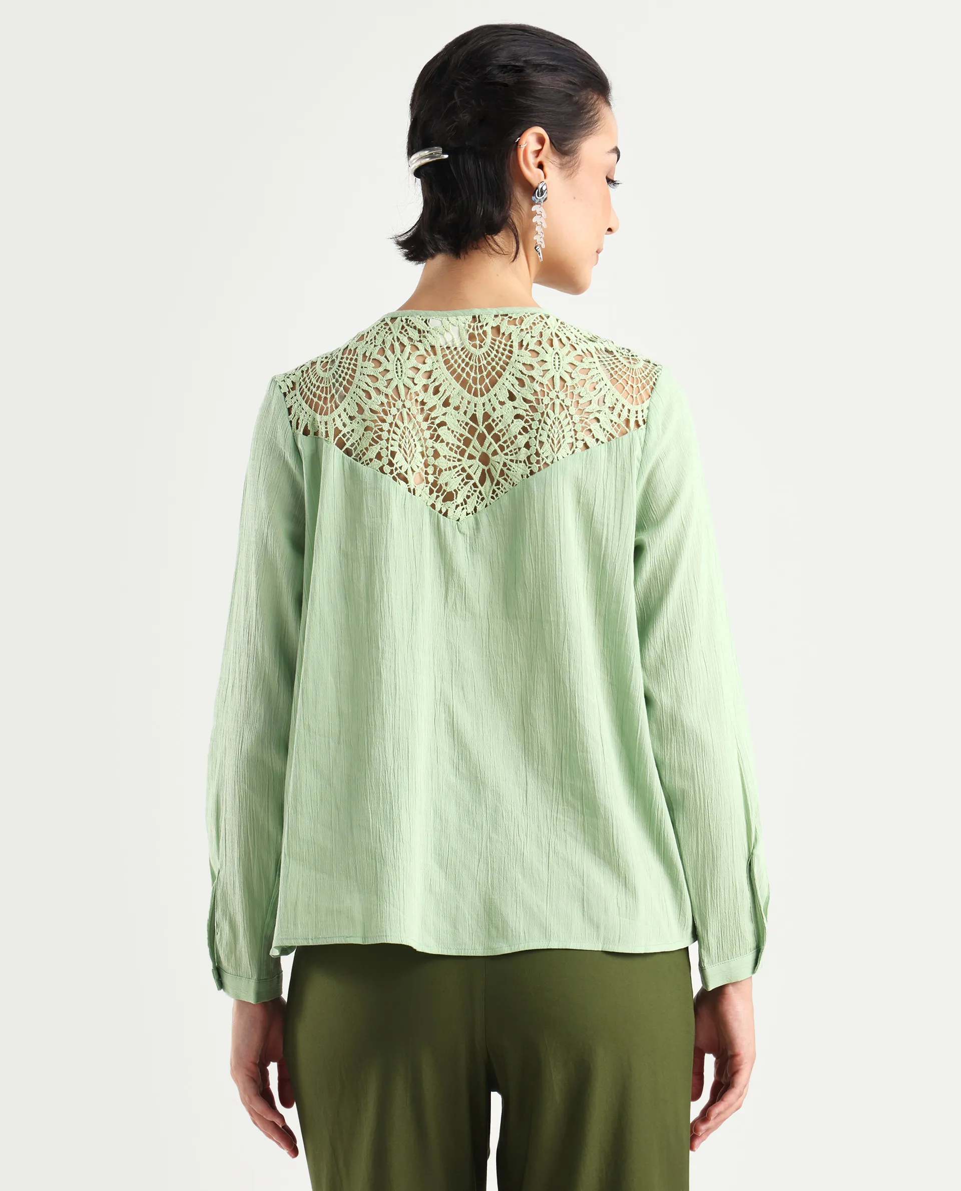 Rareism Women's Sonoki Dusky Green Cotton Blend V-Neck Plain Relaxed Fit Top - Image 7