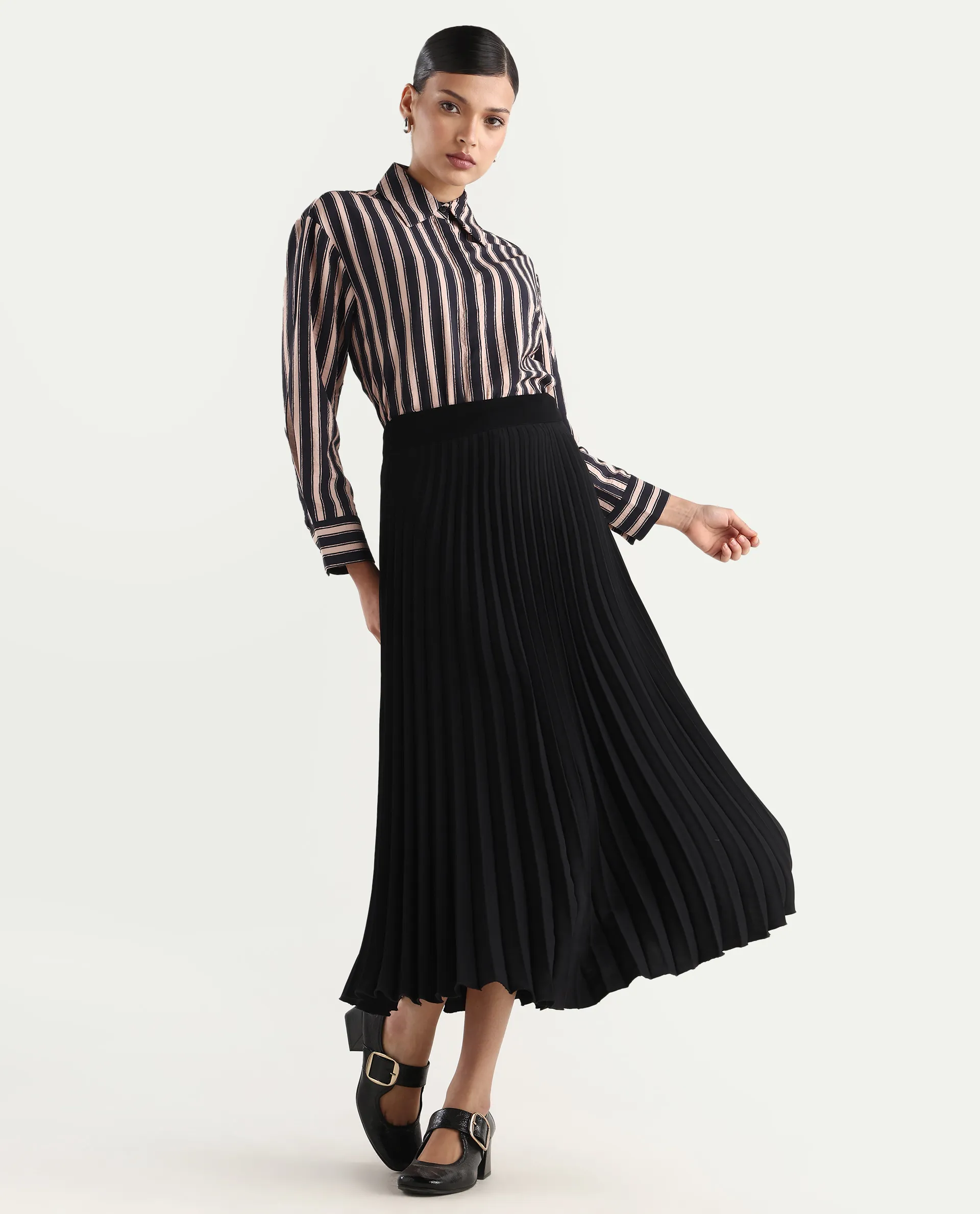Rareism Women's Sonora Black Viscose Blend Drop Collar Striped Cuffed Sleeve Regular Fit Shirt - Image 2