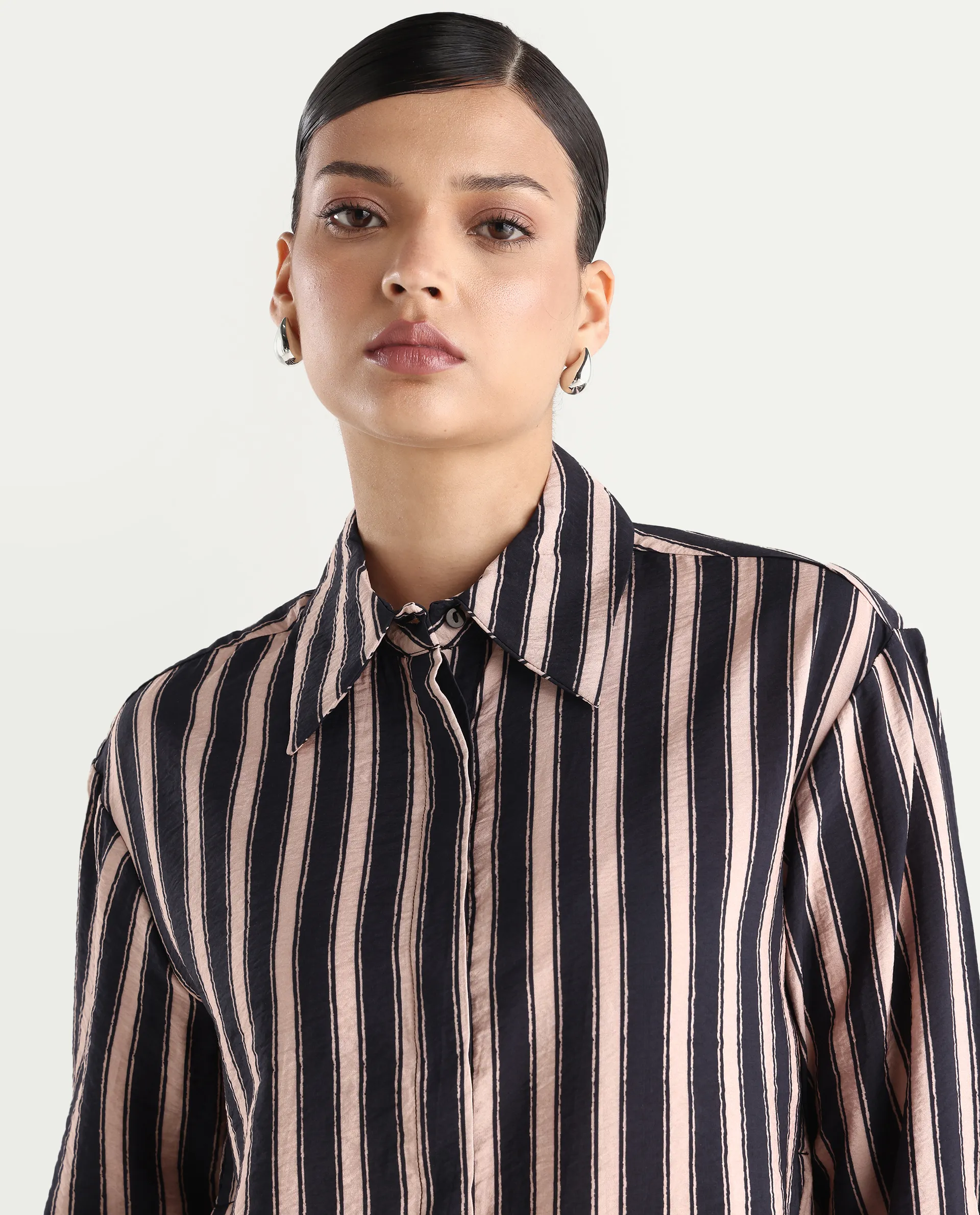 Rareism Women's Sonora Black Viscose Blend Drop Collar Striped Cuffed Sleeve Regular Fit Shirt - Image 3