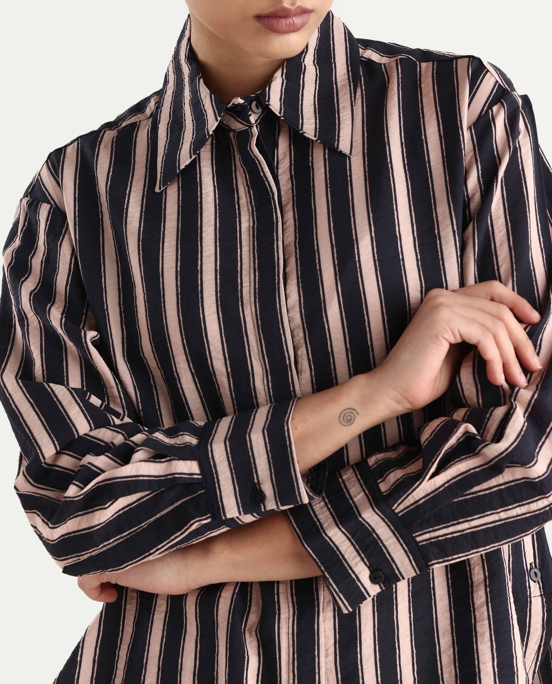 Rareism Women's Sonora Black Viscose Blend Drop Collar Striped Cuffed Sleeve Regular Fit Shirt - Image 4