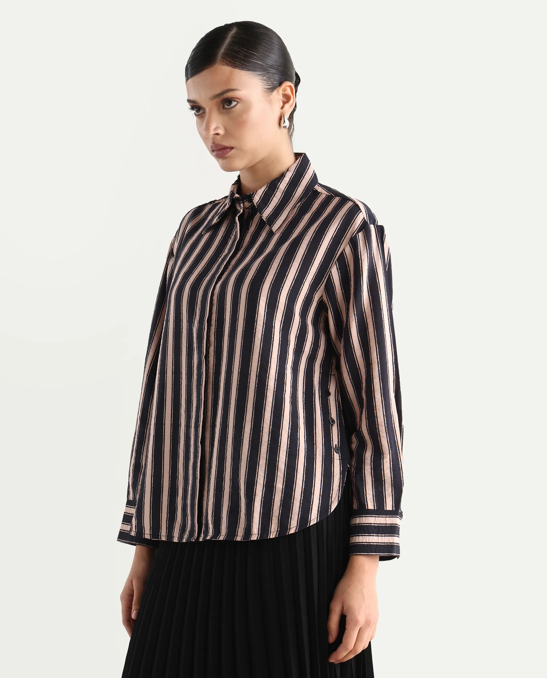 Rareism Women's Sonora Black Viscose Blend Drop Collar Striped Cuffed Sleeve Regular Fit Shirt - Image 5