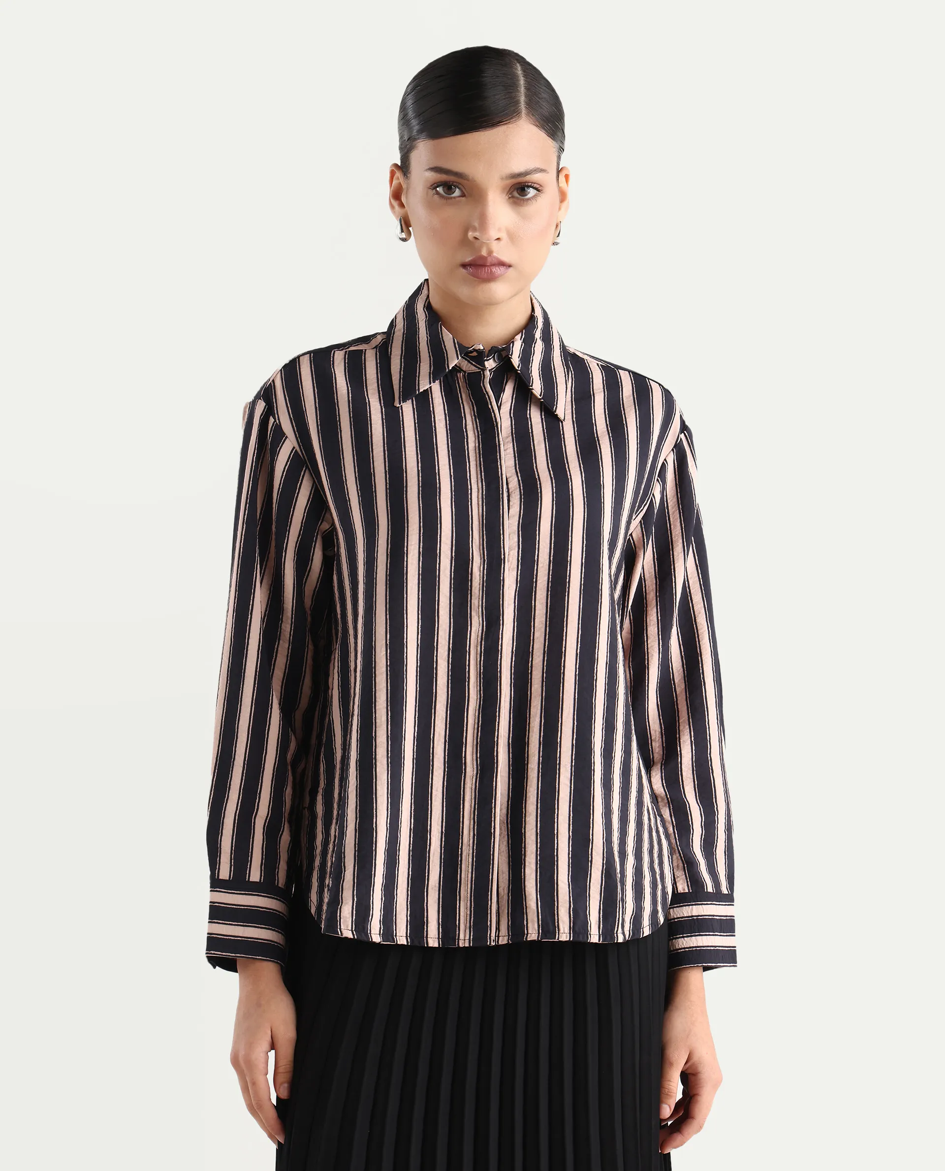 Rareism Women's Sonora Black Viscose Blend Drop Collar Striped Cuffed Sleeve Regular Fit Shirt - Image 6
