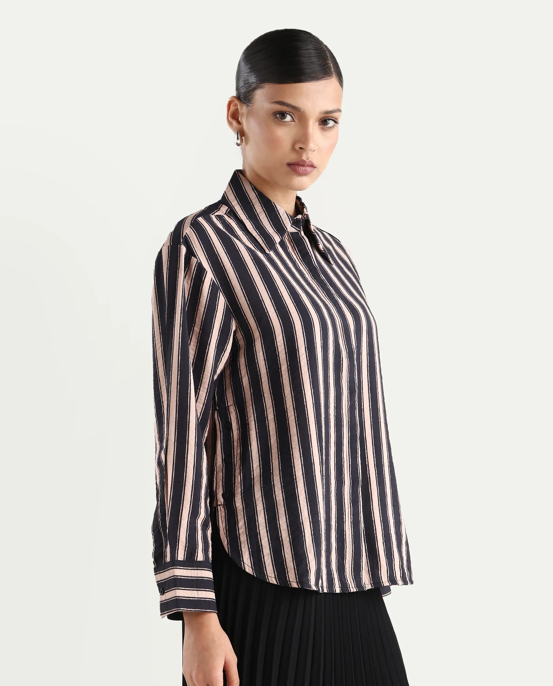 Rareism Women's Sonora Black Viscose Blend Drop Collar Striped Cuffed Sleeve Regular Fit Shirt - Image 7