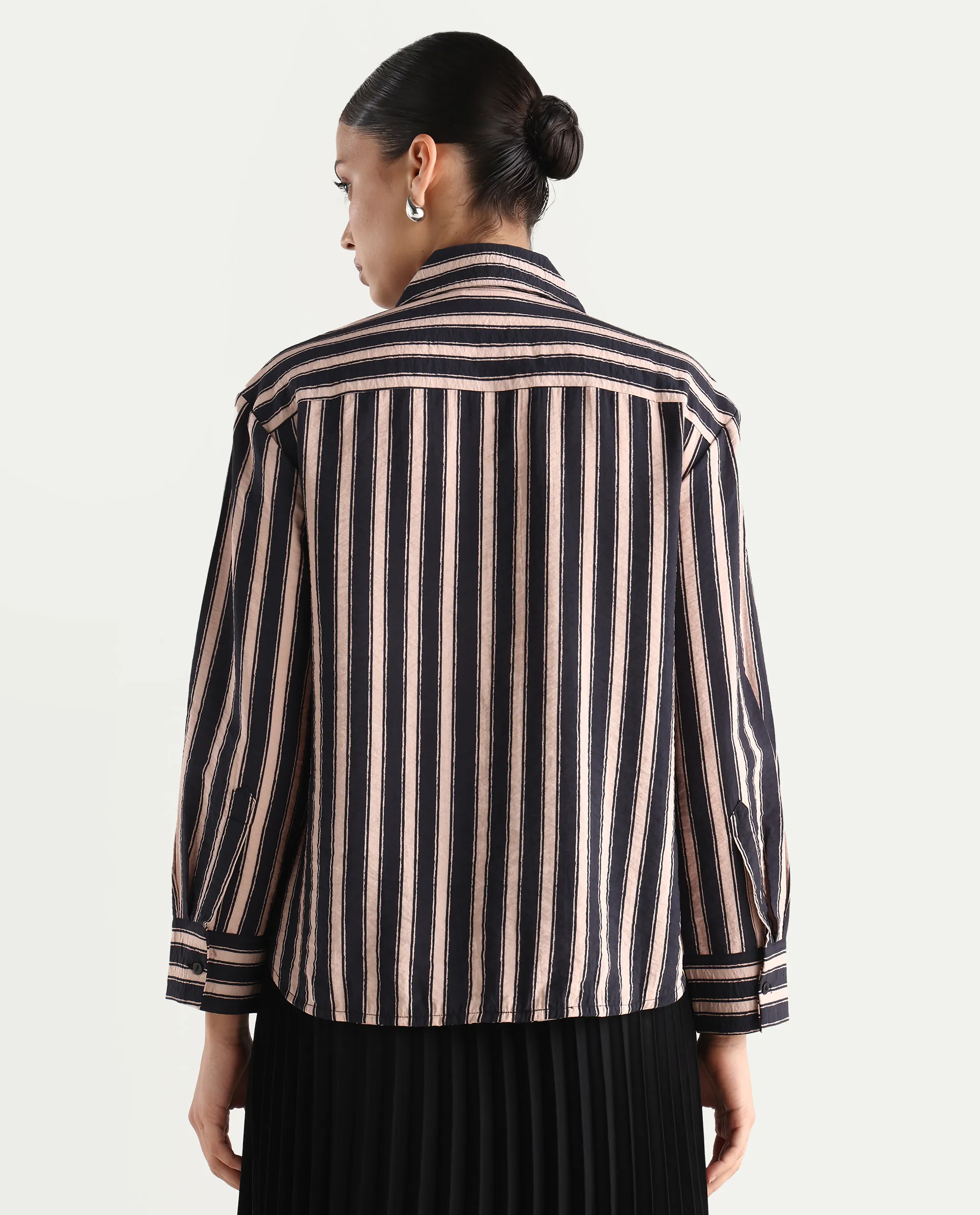 Rareism Women's Sonora Black Viscose Blend Drop Collar Striped Cuffed Sleeve Regular Fit Shirt - Image 8