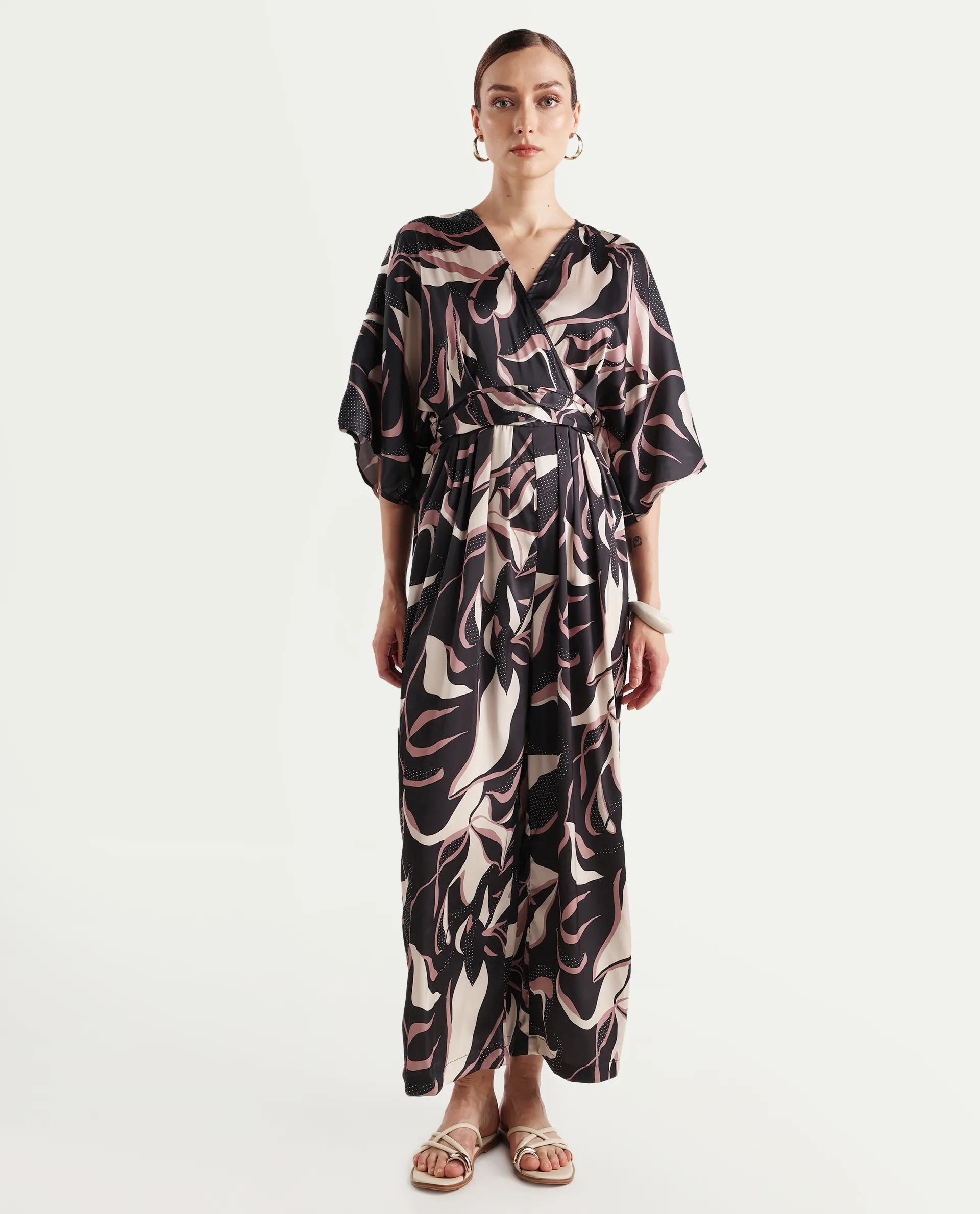 Rareism Women's Sonrka Multi Satin Overlap Neck Abstract Print Extended Sleeves Maxi Relaxed Fit Jumpsuit - Image 2