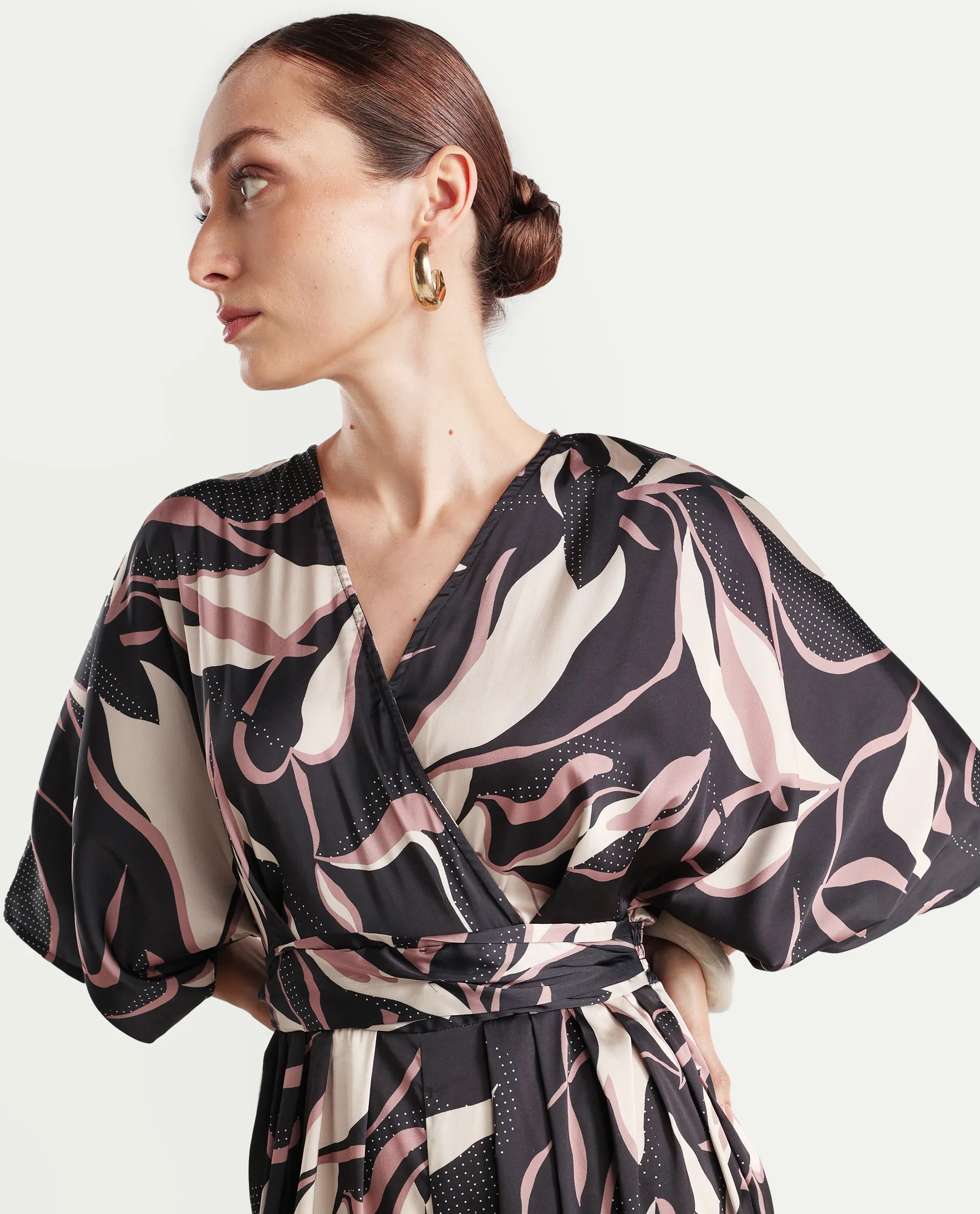 Rareism Women's Sonrka Multi Satin Overlap Neck Abstract Print Extended Sleeves Maxi Relaxed Fit Jumpsuit - Image 3