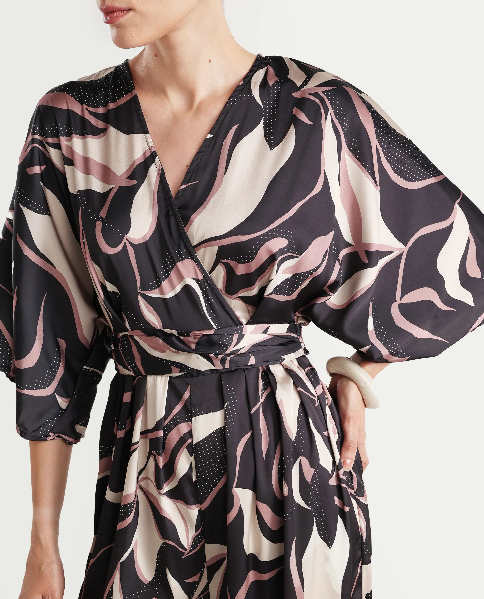 Rareism Women's Sonrka Multi Satin Overlap Neck Abstract Print Extended Sleeves Maxi Relaxed Fit Jumpsuit - Image 4
