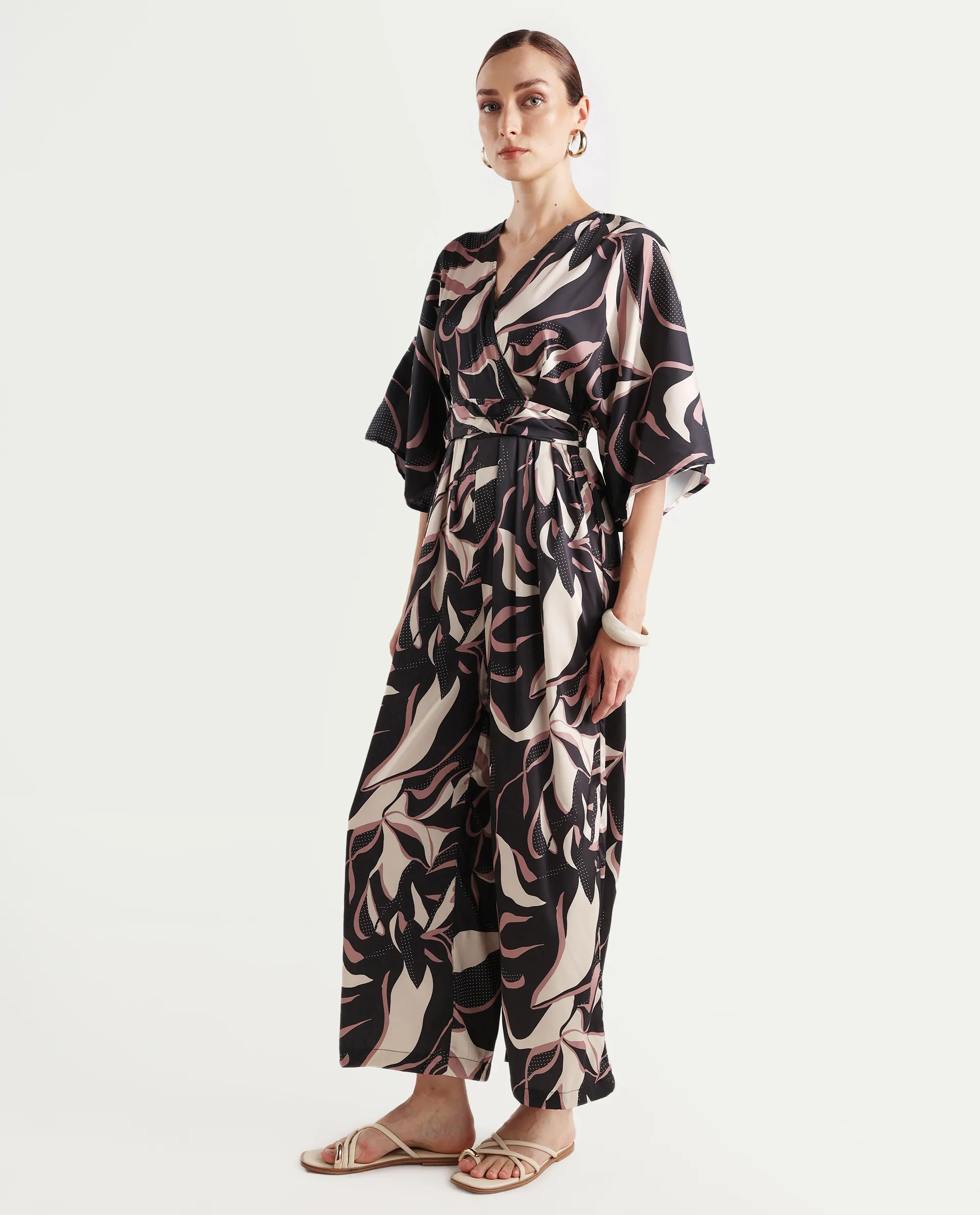 Rareism Women's Sonrka Multi Satin Overlap Neck Abstract Print Extended Sleeves Maxi Relaxed Fit Jumpsuit - Image 5