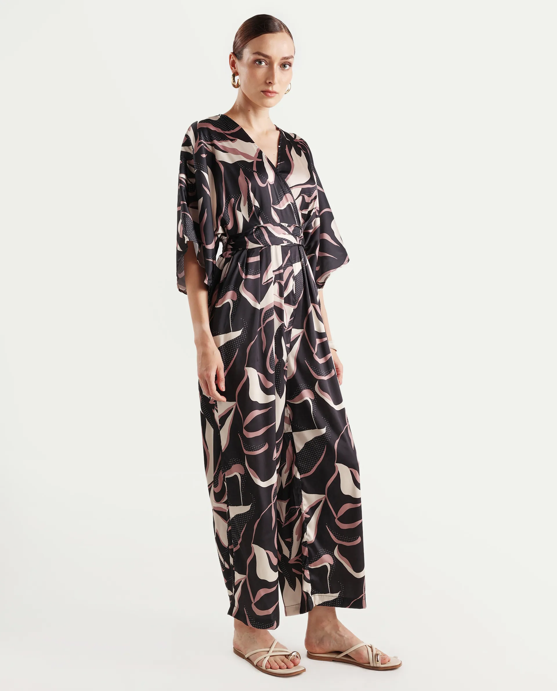 Rareism Women's Sonrka Multi Satin Overlap Neck Abstract Print Extended Sleeves Maxi Relaxed Fit Jumpsuit - Image 6