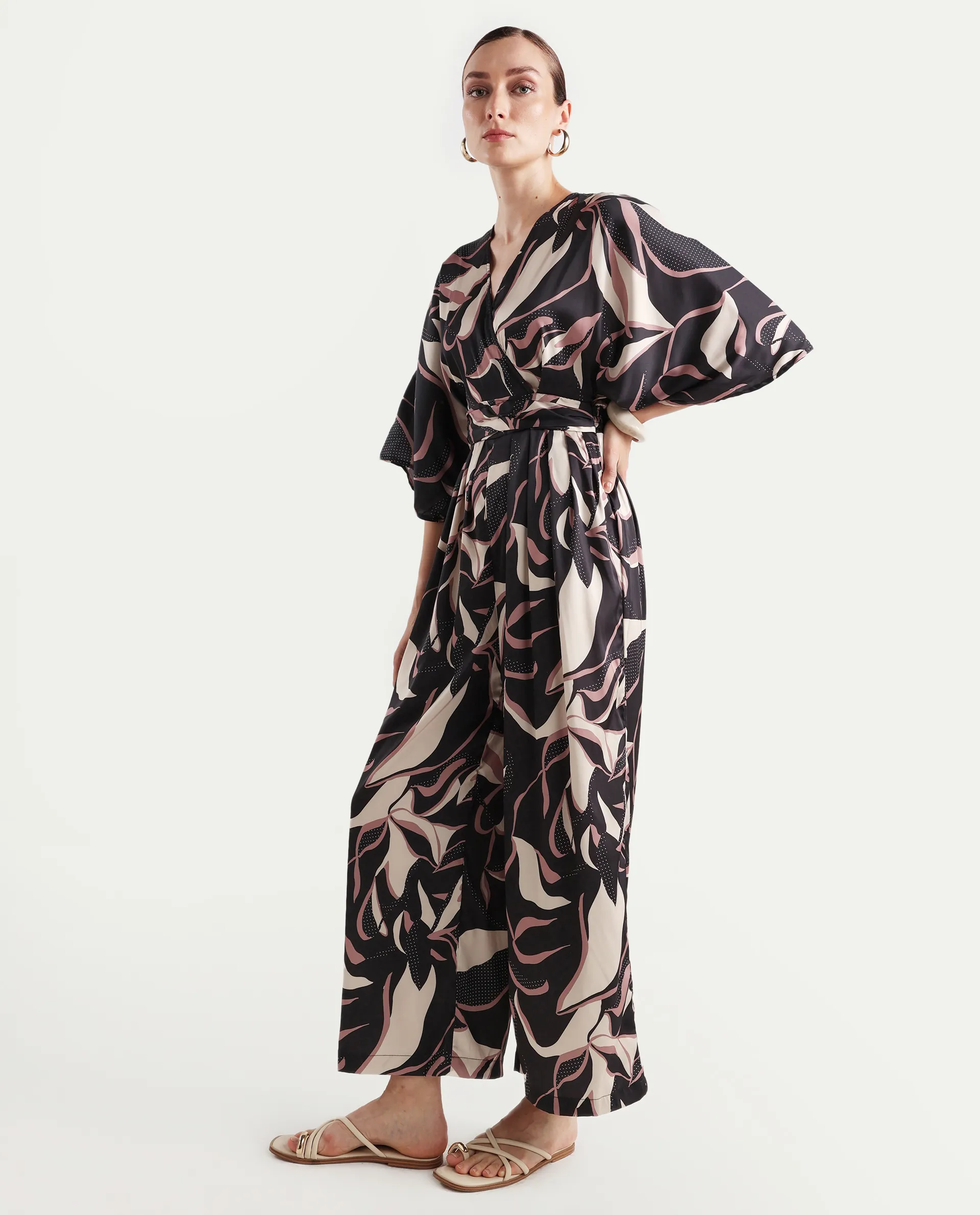 Rareism Women's Sonrka Multi Satin Overlap Neck Abstract Print Extended Sleeves Maxi Relaxed Fit Jumpsuit - Image 7